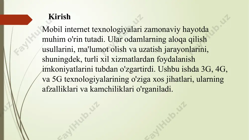 nlar bilan birga, boshqa qurilmalar – aqlli soatlar, dronlar, robotlar va sanoat tizimlari 5g orqali boshqarila boshladi. internet orqali ta’lim va masofaviy ishlar yangi imkoniyatlarga ega bo‘ldi. kelajak: 6g texnologiyasi 6g texnologiyasi hozirda tadqiqot bosqichida, va 2030-yillarda joriy etilishi kutilmoqda. bu texnologiya orqali: tezlik 1 tbps gacha oshadi. sun’iy intellekt va tarmoqlarni avtomatlashtirish yanada rivojlanadi. virtual va kengaytirilgan haqiqat (vr va ar) texnologiyalari yangi bosqichga chiqadi. 4g va 5g tezliklarini taqqoslash 4g va 5g texnologiyalarining maksimal ma'lumot uzatish tezliklarini taqqoslash uchun quyidagi python dasturidan foydalanamiz: def calculate_max_speed(technology): if technology == '4g': return 1_000_000_000 # bit per second elif technology == '5g': return 10_000_000_000 # bit per second else: return 0 max_speed_4g = calculate_max_speed('4g') max_speed_5g = calculate_max_speed('5g') print(f"4g maksimal ma'lumot uzatish tezligi: {max_speed_4g / 1_000_000_000} gbps") print(f"5g maksimal ma'lumot uzatish tezligi: {max_speed_5g / 1_000_000_000} gbps") natijalarni tahlil qilish yuqoridagi dastur natijasida: 4g maksimal ma'lumot uzatish tezligi 1 gbps 5g maksimal ma'lumot …