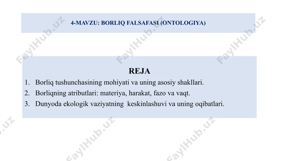 k so`zi lotinchada existentia deb atalib, bu so`z - mavjudman degan ma`noni anglatadi. reallik esa borliqning muayyan ob`yektda mavjud bo`lgan mujassamlashgan qismini ifodalaydi. reallik borliqning ayni paytdagi mavjud qismidir. faylasuflar barcha zamonlarda quyidagi savollarga javob topish zaruriyati bilan to‘qnash kelganlar: falsafiy kategoriya sifatidagi «borliq» nima? bu atama nimaga nisbatan tatbiq etilishi mumkin? unga qanday falsafiy ma’no yuklanadi? metafizika metafizika (yunoncha, - fizikadan soʻng) — borliqning sezgilardan yuqori turuvchi prinsiplari va umumiy asoslari toʻgʻrisidagi fan, soha. fizikada tadqiqotchi bevosita hissiy obyektlar ustida izlanish olib borsa, metafizikada esa tadqiqotchi sezgilar vositasida anglab olish mumkin boʻlmagan obʼyektlarni tadqiq etadi. metafizikaning tadqiqot mavzuiga kiruvchi sifat, mazmun, mohiyat, hodisa va boshqa obyektlar toʻgʻrisida fikr yuritganda ularni bevosita koʻrib boʻlmaydi, ular boshqa narsa va hodisalarning oʻzaro aloqadorliklari jarayonida namoyon boʻladi. keng tor “yo‘qlik” tushuncha sifatida qadimgi yunon olimlarining fikricha borliq fales suv anaksimandr apeyron anaksimen havo pifagor «hamma narsa sondir» yer sharsimon parmenid birinchi bo‘lib borliqni …