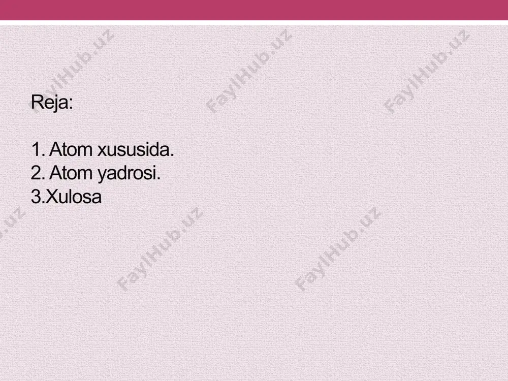 ining nazariyasi edi. nils bor rezerford tajribalarining natijalaridan va oʻsha vaqtlarda maʼlum boʻlgan atomlar vodorodning spektri haqidagi maʼlumotlardan foydalandi. u vodorod atomini quyidagi koʻrinishda tasavvur qildi: proton (atom yadrosi) atrofida aylanma orbita boʻlib elektron harakatlanadi. atom yadrosi – nuklonlardan – protonlar (r) va neytronlar (i)dan tash-kil topgan atom o‘zagi. atom yadrosining xususi-yatlarini o‘rganishda yadro kuchlari katta ahamiyatga ega bo‘ladi. atom yadrosida gravita-sion va elektromagnit kuchlar ta’siri kam bo‘lsa ham atom yadrosi xossalariga ta’siri bo‘ladi. yadro kuchlarining ta’sir radiusi juda kichik, 10~13 sm. yadro kuchlari yadroning spiniga va izotop spiniga bog‘liq. atom yadrosining butun xususi-yatlarini o‘z ichiga oladigan yagona nazariya yaratilgan emas, chunki yadro strukturasi va kuchlari to‘liqo‘rganilmagan. undan tashqari yadrodagi nuklonlar harakatini aniqlovchi tenglamalarni matematika nuqtai nazaridan yechish mumkin emas. elektron kashf etilgandan bir oz vaqt oʻtgandan keyin, 1903-yilda ingliz fizigi jozef jon tomson diametri tahminan 10 −10 m, ichiga elektronlar „sochilgan“, hajmi boʻyicha musbat zaryadlangan sfera shaklidagi atom modelini …