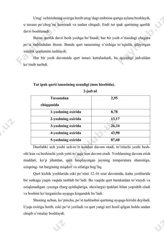 rt boqilayotgan joyning temperatura sharoitiga, oziqning- tut bargining miqdori va sifatiga bog’liq. qurt kichik yoshlarida eski po’stini 12-16 soat davomida, katta yoshlarida bir sutkaga yaqin vaqtda tashlab bo’ladi. bu vaqtda qurt harakatdan to’xtaydi va oziqlanadigan -yuzaga (barg qoldiqlariga, shoxlarga) ipaklari bilan yopishib oladi va boshini ko’targanicha uyquga kirgandek bo’ladi. shuning uchun, ko’pincha, po’st tashlashni qurtning uyquga kirishi deyiladi. uyqu oxiriga borib, eski po’st yoriladi va qurt yangi teri hosil qilgan holda undan chiqib o’rmalay boshlaydi. tut ipak qurti qurtlik davrida o’zining hayot faoliyati va ipak (pilla) hosil qilish, keyingi davrlari (g’umbaklik; kapalaklik)da rivojlanish, urug’lar hosil bo’lishi uchun juda ko’p miqdorda oziq moddalari talab qiladi, qayta ishlaydi. qurtlik davrida qurtlarning og’irligi 10- 12 ming marta ortadi. qurt og’irligining har bir yoshdagi oshib borishi bir xilda bo’lmaydi. qurt og’irligining yuqori darajada ortishi dastlabki to’rt yoshida, asosan, har bir yoshning ikkinchi va uchinchi kuni kuzatiladi. beshinchi yoshdagi qurt og’irligining yuqori darajada ortishi bu …
