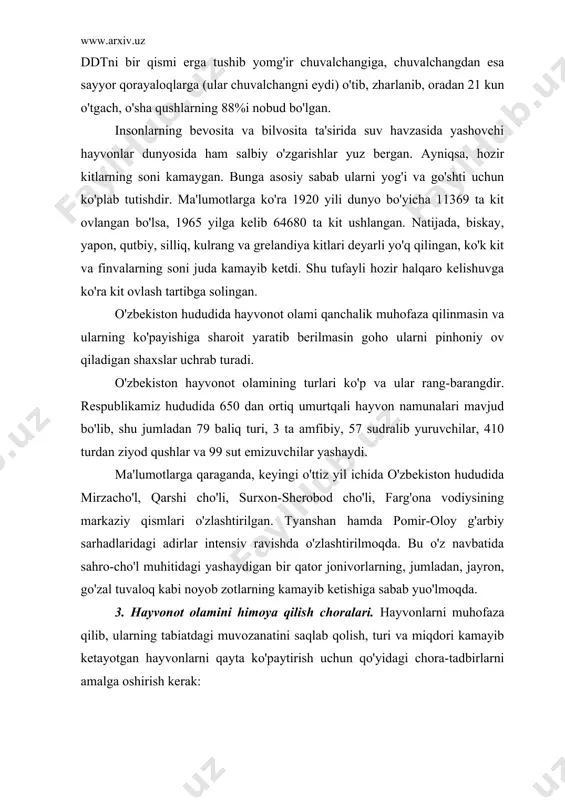 hayvonlarni muhofaza qilib, ularning tabiatdagi muvozanatini saqlab qolish, turi va miqdori kamayib ketayotgan hayvonlarni qayta ko'paytirish uchun qo'yidagi chora-tadbirlarni amalga oshirish kerak: 1. ovchilik va baliq ovlashni tartiga solish – bu hayvonlarni muhofaza qilish, ulardan oqilona foydalanish va takror ishlab chiqarishdagi eng muhim tadbirlardan biridir. 2. qo'riqxona va zakazniklar – turi va soni kamayib ketayotganhayvonlarni muhofaza qilish va qayta tiklashda juda katta rol o'ynaydi. chunki qo'riqxonalarda ma'lum tabiiy maydonlarda tabiat komponentlarini, asosan hayvonlarni tabiiy holicha saqlab qolinadi yoki insonning ta'siri natijasida turi va soni kamayib ketgan hamda ketayotgan hayvonlar (tuvaloq, suvsar, qunduz, los, zubr, xongul bug'usi, sayg'oq, chipor bug'u, qulon va b.q.) ko'paytirilib, so'ngra boshqa joylarga tarqatiladi. bulardan tashqari qo'riqxonalarda noyob hayvonlarni seleksiyasi yaxshilanadi, yashash sharoitlari va biologiyasi o'rganiladi, biotexnik tadbirlar amalga oshirilib, ularga qo'shimcha ravishda qishda ozuqa tayyorlanadi, in va uya qo'yishlari uchun joylar ajratiladi, ov qilish taqiqlanadi va oqibatda hayvonlar tez ko'payib, qayta tiklanadi. 3. hayvonlar yashaydigan joylarning …