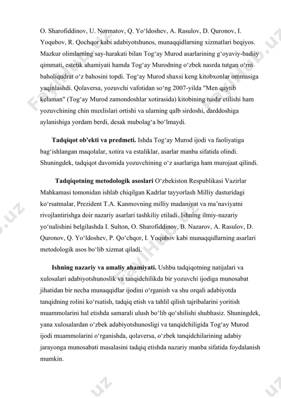 iy did bilan yozilgan asarlardan ko‘ra, hayot ikir-chikirlarini ifodalagan asarlarning xaridorlari va uni guldiroz qarsaklar bilan qarshi oluvchilar ko‘proq bo‘ladi. bunday ahvol qadimda ham, hozir ham shunday: har bir kasb, har bir sohaning o‘z bilimdoni o‘z mutaxassisi bo‘ladi. adabiyotning ham saragini — sarak, puchagini — puchak qilib, uning qadr-qimmatini, haqiqiy bahosini aytib turadigan bilimdonlar borki, bular tanqidchilardir. zero, tanqidchi izzat sulton yozganidek, “… sharhlovchi emas — talqin etuvchi, baholovchi va hukm qiluvchi hamdir. yozuvchi hayot haqida yozadi, tanqidchi esa hayot va adabiyot haqida yozadi va shu bilan birga bu sohalarni chuqurroq anglashda yozuvchiga ko‘maklashadi, shu orqali yozuvchi va adabiyot saviyasini oshirib boradi, xalqning ijtimoiy ongi o‘sishiga xizmat qiladi.” [footnoteref:1]tog‘ay murodning o‘zbek nasri rivojiga qo‘shgan hissasi xususan romanchilikdagi o‘ziga xos tasvir va mahorati ko‘pgina tanqidchilar tomonidan o‘rganilgan. mazkur ishlar natijasida tog‘ay murod asarlari, qahramonlari o‘quvchilar qalbidan kengroq o‘rin oldi. anglash mumkin bo‘lgan jihatlar munaqqidlarning tahlili orqali oydinlashdi va o‘z yechimini topdi. …
