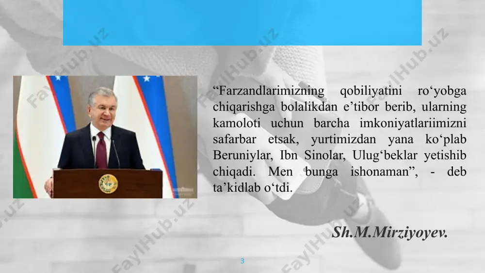 ilan boyib bordi. “pedagogika tarixi” fanining ob’yekti – ma’lum bir tarixiy davr hisoblanadi. “pedagogika tarixi” faning predmeti – turli tarixiy davrlardagi hamda sivilizatsiya sharoitlaridagi ta’lim amaliyoti va pedagogik nazariyalarni shakllanishi va rivojlanishi jarayoni hisoblanadi. “pedagogika tarixi” fanining maqsadi 10 milliy o’z-o’zini anglash, kasbiy rivojlanish bilan bog’liqlikda umumiy va pedagogik madaniyatni shakllantirish; pedagogik fikrlar rivojini tahlil etish va tizimlashtirish; pedagogik g’oyalarni tahlil etish asosida ularni o’quv-tarbiya jarayoniga tatbiq etish. “pedagogika tarixi” fanining vazifalari 11 pedagoka tarixini o’rganish manbalari: arxeologik yodgorliklar; qo’lyozmalar; xalq og’zaki ijodi; adabiy yodgorliklar; hujjatlar; badiiy adabiyot; memuarlar; sharq va g’arb mutafakkirlarining asarlari. 12 eng qadimgi madaniy boyliklarimizni o‘rganishda quyidagi uch guruhga ajratilgan manbalarga tayanamiz: 1. arxeologik qazilmalar natijasida topilgan ko’rgazmali ashyolar. 2. xalq og’zaki ijodi materiallari hamda yozma manbalar. 3. buyuk adiblar, allomalarning ijodiy merosi. 13 dastlabki urug‘chilik jamiyatidan oldin ham inson yashash uchun kurashgan, mazkur davrda urug‘ning barcha a’zolari jamoa bo’lib harakat qilganlar. keyinroq kishilar mehnat faoliyatini …