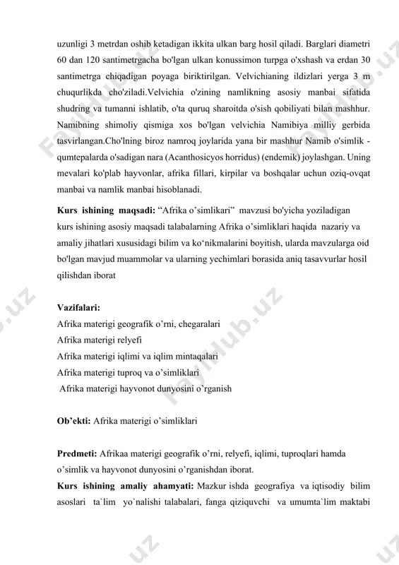 frika materigi tuproq va o’simliklari afrika materigi hayvonot dunyosini o’rganish ob’ekti: afrika materigi o’simliklari predmeti: afrikaa materigi geografik o’rni, relyefi, iqlimi, tuproqlari hamda o’simlik va hayvonot dunyosini o’rganishdan iborat. kurs ishining amaliy ahamyati: mazkur ishda geografiya va iqtisodiy bilim asoslari ta`lim yo`nalishi talabalari, fanga qiziquvchi va umumta`lim maktabi tabiiy geografiya fani o`qituvchilari o`quv qo`llanma sifatida foydalanishlari mumkin. kurs ishi hajmi: mazkur kurs ishi 32 betdan iborat bo’lib, kirish, asosiy qism, xulosa va foydalanilgan adabiyotlardan tashkil topgan ii.asosiy qism 2.1.afrika materigi geografik o’rni, chegaralari afrika sharqiy yarim sharda joylashgan va maydonining kattaligi jihatdan sayyoramizda yevrosiyodan keyin ikkinchi o‘rinda turadigan yirik materik. uning maydoni 29,2 mln. km2. materik atrofida joylashgan orollar bilan birga 30,3 mln. km2. afrika materigi yevrosiyo bilan yaqindan bog‘langan bo‘lib, undan qizil va o‘rta dengizlar orqali ajralib turadi. afrika kengligi 120 km keladigan qambar suvaysh bo‘yni orqali osiyo bilan tutashgan. 1859-1869 yillarda qazilgan 161 km uzunlikdagi suvaysh kanali ikki …