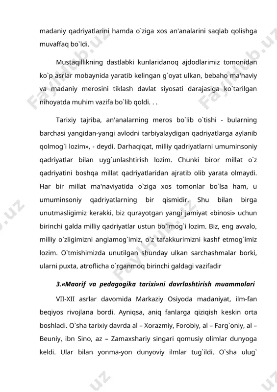 arni amalga oshiradigan pedagog xodimlar tayyorlashga e'tibor berildi. shu ishlarni amalga oshirishda russiya xalq ta'limi yo`nalishi va tizimi rahbarlik qilgan. tarixdan ma'lumki, qaysi davlat yoki mamlakat hukumron bo`lsa, u tobe mamlakat va xalqga o`z mafkurasini, ma'naviyatini, axloq-odob aqidalarini singdirishga harakat qilgan. 1924 yil oktyabrda turkiston parchalanishi oqibatida milliy madaniyat yo`li asta-sekin to`sila boshlandi. asrlar osha amalda qo`llanib kelingan, qomusiy ilmlar bitilgan yozuv man etildi. avval lotin grafikasi, keyin rus grafikasi asosiga qurilgan yozuvga o`tildi. bu tadbir markaziy osiyo xalqlarini o`z madaniyat tarixini o`rganish imkoniyatidan mahrum etdi. maktablarda dunyo fanini rivojlantirishga munosib hissa qo’shgan o`zbek fani va madaniyatining asoschilari, musulmon olamining ulug` zotlari emas, balki o`zbek xalqi kamolotiga aloqasi bo`lmagan shaxslar faoliyati o`rgatildi. ahmad yassaviy, bedil singari so`z ustalari va tafakkur gulshani bog`bonlari xalq ta'limi tizimidan chiqarildi. musulmon dunyosining muqaddas kitobi qur'oni karim, muhammad alayhissalom hadislari taq'ib ostiga olindi, yo`qotildi. natijada o`zbek xalqi milliy ahloq-odobi va tarbiya an'analaridan mahrum bo`la boshladi. …