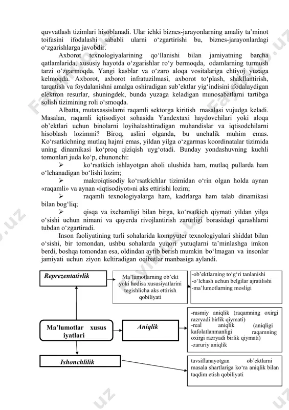 t faoliyatining barcha sohalarida eskicha tartibni shiddat bilan siqib chiqarmoqda, kundalik takrorlanadigan zerikarli operatsiyalarni avtomatik ravishda bajarishga va optimal qarorlar qabul qilish uchun axborotni tez taqdim etishga imkon beradi. raqamli iqtisodiyotda asosiy rolni axborot tizimlari egallaydi. aloqa operatori uchun bunday tizimlar, birinchi navbatda, operatsiyalarni qo‘llab-quvvatlash tizimlari va biznesni qo‘llab-quvvatlash tizimlari hisoblanadi. ular ichki biznes-jarayonlarning amaliy ta’minot toifasini ifodalashi sababli ularni o‘zgartirishi bu, biznes-jarayonlardagi o‘zgarishlarga javobdir. axborot texnologiyalarining qo‘llanishi bilan jamiyatning barcha qatlamlarida, xususiy hayotda o‘zgarishlar ro‘y bermoqda, odamlarning turmush tarzi o‘zgarmoqda. yangi kasblar va o‘zaro aloqa vositalariga ehtiyoj yuzaga kelmoqda. axborot, axborot infratuzilmasi, axborot to‘plash, shakllantirish, tarqatish va foydalanishni amalga oshiradigan sub’ektlar yig‘indisini ifodalaydigan elektron resurlar, shuningdek, bunda yuzaga keladigan munosabatlarni tartibga solish tizimining roli o‘smoqda. albatta, mutaxassislarni raqamli sektorga kiritish masalasi vujudga keladi. masalan, raqamli iqtisodiyot sohasida yandextaxi haydovchilari yoki aloqa ob’ektlari uchun binolarni loyihalashtiradigan muhandislar va iqtisodchilarni hisoblash lozimmi? biroq, aslini olganda, bu unchalik muhim emas. ko‘rsatkichning mutlaq …