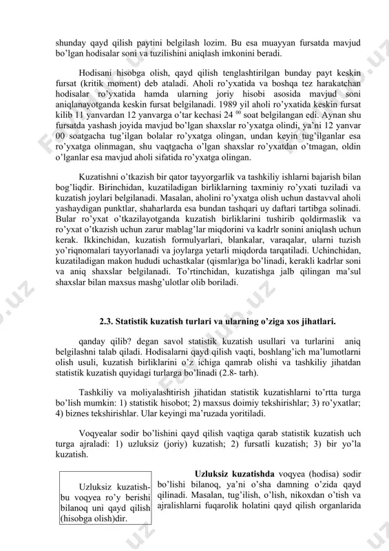 atish ma’lumotlari qayd qilinadigan hujjat. yo’riqnoma har bir statistik formulyar uchun alohida tuziladi. kuzatish ma’lumotlari qayd qilinadigan hujjat statistik formulyar deb ataladi. u har xil nom bilan yuritiladi, jumladan hisobot formasi, ro’yxatga olish varaqasi, so’roqnoma (anketa), tabel, nakladnoy, yo’l varaqasi va hokazolar. statistik formulyar ikki xil bo’ladi: 1) yakka predmetli formulyar. 2) ko’p predmetli formulyar. kuzatish joyi - bu kuzatish birligi joylashgan makon. kuzatish joyi deganda makon yoki boshqa so’z bilan aytganda o’rganilayotgan hodisa ro’y berayotgan joy tushuniladi. hisobotda, asbob-uskunalar ro’yxatida va boshqa iqtisodiy resurslarni har xil shakl va usullarda kuzatishda korxona, tashkilot va muassasa joylashgan joy kuzatish joyi hisoblanadi. statistik kuzatish vaqti - bu kuzatish tenglashtirilgan fursat (payt) va o’tkaziladigan muddat. umuman keng ma’noda qaralganda, kuzatish vaqti hodisani o’rganish davridir, ya’ni uni tekshirish boshlangandan, to ma’lumotlarni olish nixoyasiga yetguncha o’tgan vaqt oralig’i (davr)dir. bu holda u ma’lumotlar tegishli bo’lgan vaqtni ham, ularni to’plash vaqtini ham o’z ichiga oladi. statistik …