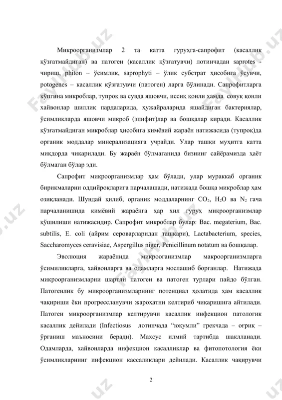 оген ва патоген турлари пайдо бўлган. патогенлик бу микроорганизмларнинг потенциал ҳолатида ҳам касаллик чақириши ёки прогрессланувчи жароҳатни келтириб чиқаришига айтилади. патоген микроорганизмлар келтирувчи касаллик инфекцион патологик касаллик дейилади (infectiosus лотинчада “юқумли” грекчада – оғриқ – ўрганиш маъносини беради). махсус илмий тартибда шаклланади. одамларда, хайвонларда инфекцион касалликлар ва фитопотология ёки ўсимликларнинг инфекцион кассаликлари дейилади. касаллик чақирувчи микроблар табиатига қараб, вирусли, бактериал, замбруғли ва протозой инфекцион касалликларга бўлинади. табиатда патоген микроорга-низмларнинг нопатоген турлари учраб туради, масалан вабо ва вабога ўхшаш вибрионлар, туберкулез ва сапрофит микобактерялар, дифтерия ва ёлғон дифтерия таёқчалари, патоген ва нопотоген криптококклар ва бошқалар. шартли патоген микроорганизмлар патоген ва нопатоген микроорганизмлар оралиғида турувчи микроорганизмлардир, улар сапрофит ва паразит ҳолда яшайдилар. уларга (рseudomonas aeruginoza, proteus vulgaris) ачитқи замбуруғ (condida) ва бошқалар киради. охирги йилларда инфекцион патологияда шартли патоген микроорганизмларни аҳамияти катта ўрин тутмоқда ва уларни кўпгина кимётерапевтик препаратларга чидамлилиги ортиб бормоқда. шартсиз патоген ёки облигат, микроорганизмларга биз паразитларни мисол қила оламиз, …