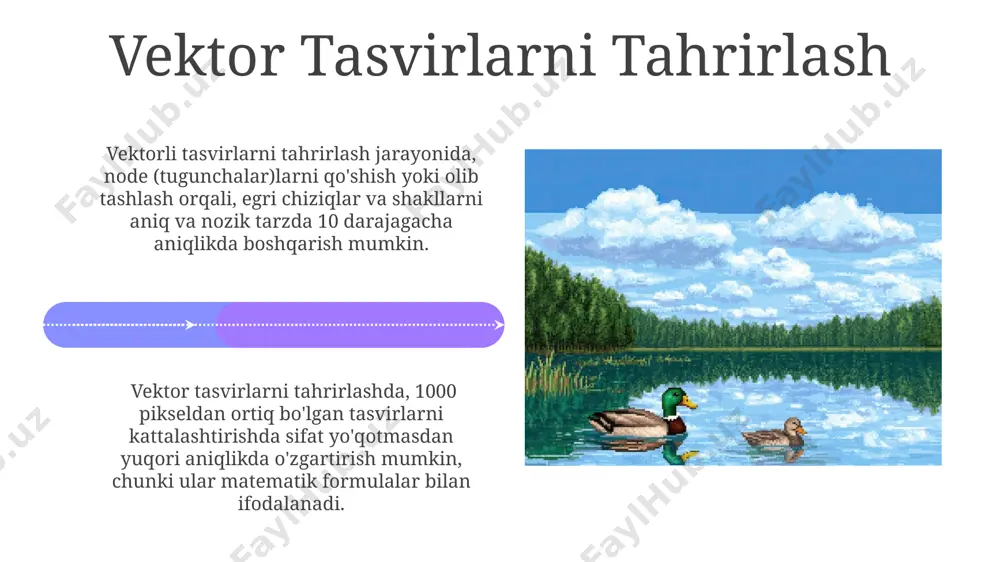 ormatlari, odatda vektor grafikalarga nisbatan katta fayl hajmlariga ega bo'ladi, bu esa saqlash va uzatishda qiyinchiliklar keltirib chiqarishi mumkin. raster tasvirlar vektor tasvirlardan farqli o'laroq, 256 dan ortiq ranglarning gradientlarini qo'llab-quvvatlamaydi, bu esa ranglarning silliq o'tishlarini ifodalashda cheklovlar yaratadi. vektor tasvirlarning kamchiliklari vektor grafikalar, raster grafikalardan farqli o'laroq, realistik teksturalarni va gradientlarni aniq ifodalashda cheklangan imkoniyatlarga ega, bu esa 256 dan ortiq ranglardan foydalanishda muammolarni keltirib chiqarishi mumkin. katta hajmdagi vektor fayllari (masalan, 100 mb dan ortiq) ishlov berish va saqlashda qiyinchiliklar tug'dirishi mumkin, bu esa xotira sarfini oshiradi va dastur ishlashini sekinlashtiradi. raster tasvir formatlari tiff kabi ba'zi raster formatlari yuqori aniqlikdagi tasvirlarni saqlash imkonini beradi va bu ularni professional chop etishda foydalanish uchun juda mos keladi, chunki ular 16 bit yoki undan yuqori rang chuqurligiga ega bo'lishi mumkin. raster tasvir formatlari, masalan, jpeg va png, fayl hajmini siqish darajasini boshqarish imkoniyatini beradi, bu esa 8 bitli rang chuqurligidan …