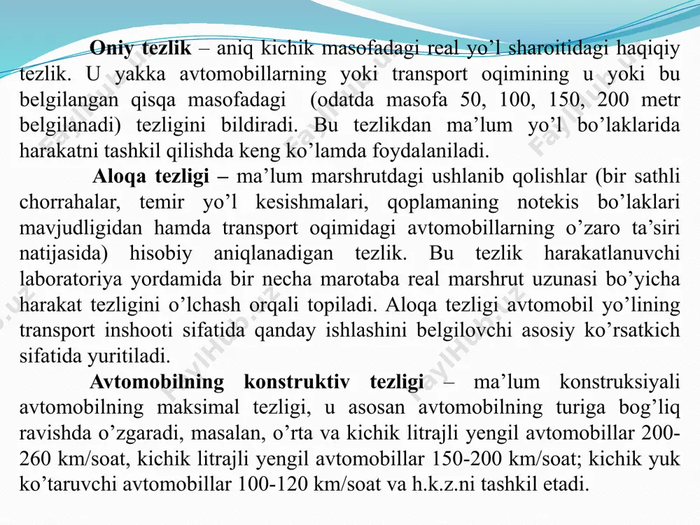 qdorining yildan-yilga oshib borishi asosiy sabab qo’shni respublikalar va xorij bilan transport aloqalari shu yo’l orqali amalga oshirilishidir. aksincha harakat miqdorining pasayishi iqtisodiy-ijtimoiy aloqalarining cheklanishi yoki katta hajmdagi sanoat texnologiyasi va qurilish ishlarining yakunlanishi oqibatida yuzaga keladi. harakat miqdorining yil davomida oylar bo’yicha o’zgarishi avtomobil yo’lining xalq xo’jaligidagi ahamiyatiga qarab turlicha bo’ladi, bu o’zgarish shahar ko’chalarida bir muncha tekis bo’lsa, shahar tashqarisidagi avtomobil yo’llarida kuz yoki yoz oylarida eng katta harakat miqdori kuzatiladi. umuman o’zbekiston respublikasi hududidan o’tgan umum foydalanuvdagi avtomobil yo’llarining asosiy qismi uchun harakat miqdorining yuqori ko’rsatkichlari yalpi qishloq xo’jalik mahsulotlarini yig’im-terim davri avgust, sentyabr va oktyabr oylariga, dam olish zonalari bilan bog’laydigan avtomobil yo’llarida esa yoz oylariga to’g’ri keladi. avtomobil yo’llaridagi harakat miqdorining sutka davomida o’zgarishi ko’pincha harakat yo’nalishiga, hafta kunlariga va yo’lning ahamiyatiga bog’liq bo’lib, asosan sutka davomida ikki marta (ertalab va kechki) ko’tarilish kuzatiladi. bunday soatlardagi harakat miqdorini “tig’iz” deyilib, bu vaqtlarda harakatni to’g’ri tashkil …