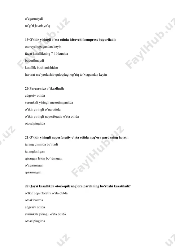 ohasidagi shish tashqi eshituv yo’lidagi yiring gemogramma, tana haroratining ko’tarilishi 48 quloqsuprasi xondroperixondriti asosiy belgilari: quloqsuprasi tog’ay qismi terisining qizarishi, og`rik mahalliy harorat quloqsupasidagi shish, og`rik, terini ko’karishi, flyuktuatsiya quloqsuprasining solinchagi bilan birga terisini qizarishi, og`rik, tana haroratini ko’tarilishi quloqsuprasining matseratsiyasi, qichishishi quloqsuprasi shishi, mahalliy harorat va og`rikning yo’qligi 49 otgematomaning asosiy belgilari: quloq supasidagi shish, og’rik, terini ko’karishi, flyuktuatsiya quloq suprasi tog`ay qismi terisining qizarishi, og`rik mahalliy harorat quloq suprasining solinchagi bilan birga terisini qizarishi, og`riq quloq suprasining matseratsiyasi, qichishishi quloq suprasi shishi, mahalliy harorat 50 quloq suprasi saramasining asosiy belgilari: quloq suprasining solinchagi bilan birga terisini qizarishi, og`rik, tana haroratini ko’tarilishi quloq supasidagi shish, og`rik, flyuktuatsiya quloq suprasi tog`ay qismi terisining qizarishi quloq suprasining matseratsiyasi, qichishishi quloq suprasi shishi, og`riqning yo’qligi
