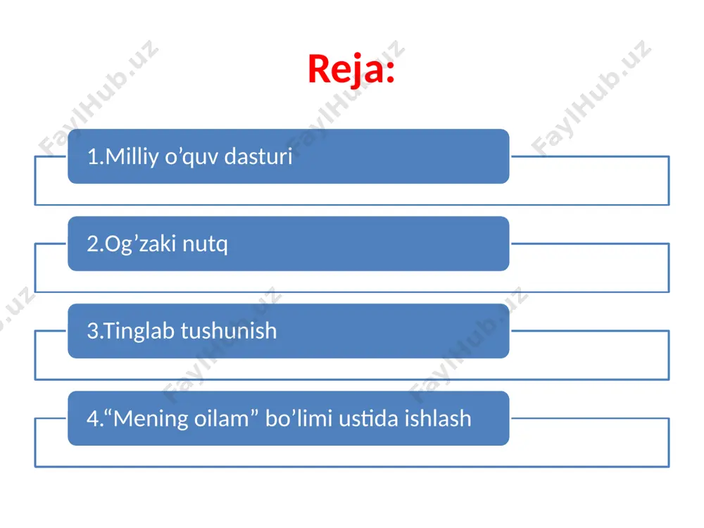 arni (tanish, notanish) toʻgʻri oʻqiy oladi; -sinf darajasiga mos badiiy hamda informativ matnlarni ravon hamda ifodali oʻqiy oladi; -sinf darajasiga mos matndagi notanish soʻzlar ma’nosini aniqlash uchun lugʻatdan (darslik oxiridagi yoki bolalar uchun chiqarilgan boshqa) foydalana oladi; -sinf darajasiga mos badiiy hamda informativ matnlarda ochiq ifodalangan ma’lumotlar (qahramonlar, faktlar, detallar)dan savol berilganda javob beradi hamda javobini asoslay oladi; 1-sinf ”ona tili va o‘qish savodxonligi” darsligidagi ”mening oilam” bo‘limi ustida ishlash o’quvchilar hoshimhonning oilasi bilan tanishadilar donoxon - hoshimjonning kichik singlisi savollarga javob bering x.komilov qalamiga mansub “mehribon kelinoyi” she’ri she’rdagi voqealar ketma-ketligini toping rasmni tavsiflang savol va topshriqlar 1.ona tili va o‘qish savodxonligi fanini o‘qitishda tilga doir toʻrt koʻnik­mani asoslab bering. 2.malaka talablaridagi ”og‘zaki nutq”ga oid talablarga fikringizni bildiring. 3.sizningcha ”malaka talablari”dagi ”og‘zaki nutq”ga oid talablar o‘rinlimi yoki, aksincha, o‘rinsiz talablar qo‘yilganmi? 4. ”og‘zaki nutq” talablarida ”shaxsiy qiziqishlari haqida tayyorgarliksiz, tartibli soʻzlaydi, oʻz nutqini detallar bilan toʻldira oladi” degan fikrni …