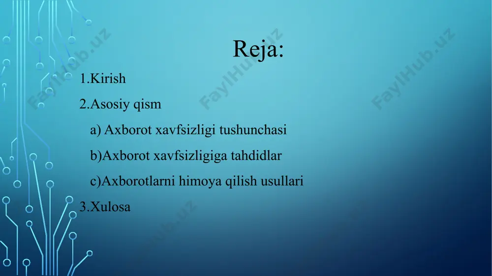 axborot kommunikatsiya tizimiga tanishtirish jarayonida qo`llaniladigan belgilash ketma ketligi parol- uning egasi haqiqiyligini aniqlash jarayonoda tekshiruv axboroti sifatida ishlatiladigan belgilar ketma ketligi avtorizatsiya- foydalanuvchi resursdan foydalanish huquqlari va ruxsatlarini tekshirish jarayoni identifikatsiya-foydalanuvchini uning identifikatori bo`yicha aniqlash ya`ni tanish jarayoni autentifikatsiya-malum qilingan foydalanuvchi jarayon yoki qurilmaning haqiqihligini tekshirish xulosa kompyuter tizimlari va tarmoqlarida axborotni ximoya ostiga olish deganda berilayotgan, saqlanayotgan va qayta ishlanilayotgan axborotni ishonchliligini tizimli tarzda ta’minlash maqsadida turli vosita va usullarni qo’llash, choralarni ko’rish va tadbirlarni amalga oshirishni tushunish qabul qilingan axborotlar dunyosiga sayohat qilishda davlat chegaralari degan tushuncha yo’qolib bormoqda. jahon kompyuter tarmog’i davlat boshqaruvini tubdan o’zgartirmoqda, ya’ni davlat axborotlarning tarqalishi mexanizmini boshqara olmay qolmoqda. shuning uchun xam mavjud axborotlarga noqonuniy kirish, ulardan foydalanish va yo’qotish kabi muammolar dolzarb bo’lib qoldi. bularning bari shaxs, jamiyat va davlatning axborot xavfsizligi darajasining pasayishiga olib kelmoqda. davlatning axborot xavfsizligini ta’minlash muammosi milliy xavfsizlikni ta’minlashning asosiy va ajralmas qismi bo’lib, axborot himoyasi …