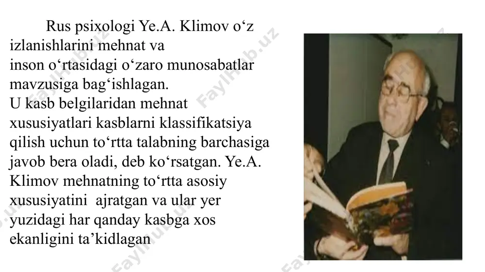 2)__________ shifokor (3)______________ 7. ekolog(2) hisobchi 4)_______________ 8. dasturchi(2)___________ advokat (5)_______________ 9. kinolog(2)__________ badiiy adabiyot tarjimoni (6) 10. sug‘urta agenti (3)_____arxivshunos (4)___________ 11. murabbiy(3)_________ telereportyor (6)___________ 12.tergovchi(3 )_________ san’atshunos (6)___________ 13. notarius(4)_________ broker (5)________________ 14. ehm operatori(4)_____ manekenshik (6)__________ 15. fotomuxbir(5)________ ta’mirlovchi (6)__________ 16. ko‘kalamzorlashtiruvchi(l)____ biolog-tadqiqotchi (2)___ 17. avtotransport haydovchisi (1)____ bortnazoratchisi_________ 18. meteorolog (1)________ kartograf (3)________ 19. radiomontajchi (1________) yog‘ochga ishlov beruvchi (6)_______ 20. geolog(2)_____________ gid-tarjimon (3)_________ 21. muxbir(5) rejissyor (6)______________ 22. bibliograf (2)________auditor_(4)_______________ 23. dorishunos (2) huquqshunos maslahatchi (3)____ 24. irsiyatchi (2) me’mor (6)_______________ 25. sotuvchi (3)__________ pochta aloqasi operatori (4)_ 26. ijtimoiy xodim (3) tadbirkor (5)_ 27. oliy o‘quv yurti o‘qituvchisi (3)_musiqachi-ijrochi (6)_ 28. iqtisodchi (4)___________menejer (5)_________ 29. korrektor (4) dirijyor (6)__________ 30. bojxona inspektori (5)____ modeler (2)__________ 31. telefonist (1)__________ ornitolog 2) ________ 32. agronom (1) _________topograf (4)__________ 33. o‘rmonchi (1)________ direktor (5)__________ 34. kiyim kechak bo ‘yicha usta (1)___ xoreograf (6)______ 35. tarixchi (2)__________ dan …