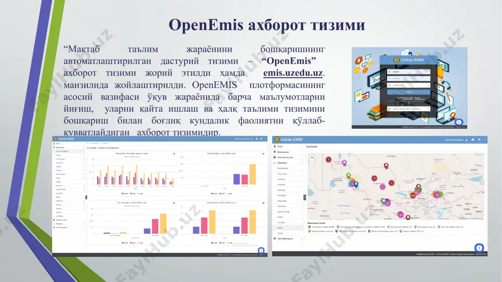 бўш иш ўринлари ахборот тизими халқ таълими тизимида фаолият олиб боришни хоҳлаган тегишли мутахассисликка эга фуқаролар бўш иш ўринлари билан танишиш, ўз маълумотномаларини on-line тақдим қилиш мақсадида ish.uzedu.uz тизими яратилди. “устоз овози” интерактив хизмати интернет тармоқлари орқали фуқаролар ҳамда халқ таълими тизими ходимлари мурожаатлари, шикоят ва таклифларини онлайн тарзда тезкор қабул қилиш ва уларни кўриб чиқиш имкониятини берувчи “устоз овози” интерактив хизмати ustozovozi.uzedu.uz жорий этилди. telegram ижтимоий тармоғида янада қулайлик яратиш учун @ustozovozibot бот ишга туширилди мактабларнинг қурилиш-таьмирлаш мониторинги ахборот тизими интернет тармоғида мактабларнинг қурулиши ва куз-қиш мавсумига тайёргарлигининг жорий ҳолатини онлайн тарзда кузатиб бориш имкониятини берувчи ахборот тизими stat.uzedu.uz веб саҳифаси ишга туширилди кутубхона жараёнини комплекс автоматлаштириш ахборот тизими вазирлик тизимида 9 685 та ахборот-кутубхона муассасалари фаолият кўрсатиб келмоқда. ҳозирги кунда ахборот-кутубхона тизими жорий қилинди ҳамда http://lib.uzedu.uz манзилида жойлаштирилди. тизимда ягона 16 белгили book idни генерациялаш, ҳар бир китобни ягона ҳисобга олиш, штрих код ва инвентар рақамга қараб китобларни …
