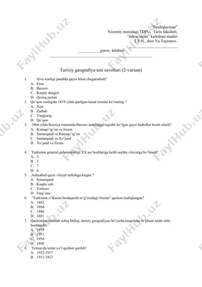 tarixiy geografiya test savollari (2-variant) — DOC