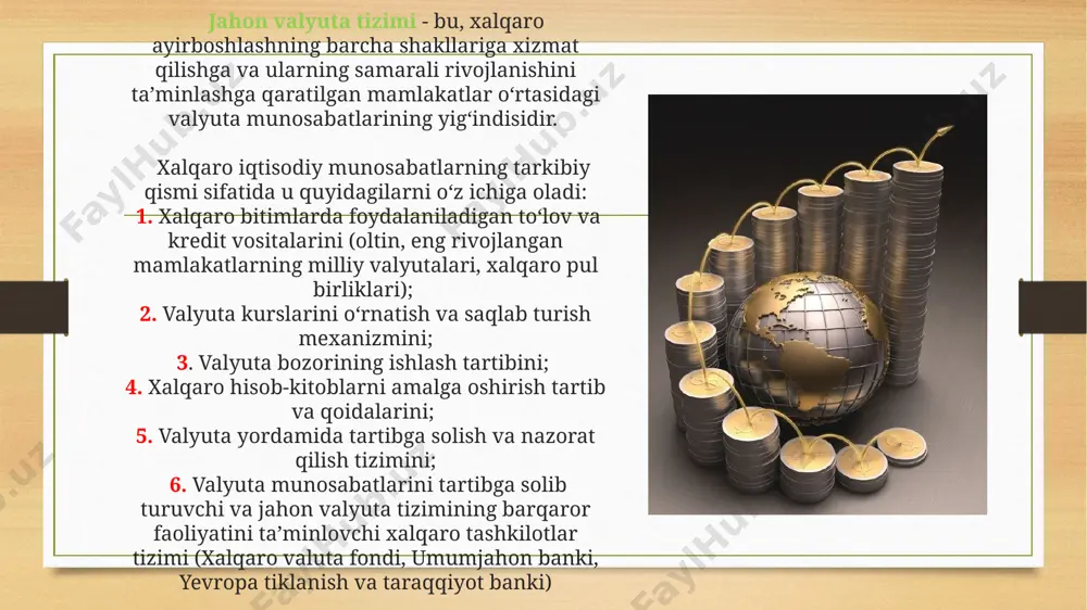 kuchlarining ta’sir etish darajasi bir xil emas. bu ta’sir kuchiga bog‘liq holda valyuta kurslarini qabul qilishning bir- biridan farq qiluvchi ikki varianti mavjud. 1. talab va taklifga asosan aniqlanadigan egiluvchan yoki erkin suzib yuruvchi valyuta kursi tizimi. 2. davlat aralashuvi asosida aniqlanadigan qat’iy belgilangan valyuta kursi tizimi. erkin suzib yuruvchi valyuta kurslari talab va taklif asosida aniqlanadi. masalan, bir o‘zbek so‘mining aqsh dollariga almashishini qarab chiqamiz. milliy valyuta kursining pasayishi natijasida dollarga talab kamayadi va taklif esa oshadi. xorijiy valyuta bozori dollarga bo‘lgan talabning kamayishi d to‘g‘ri chizig‘ida berilgan. bu shuni ko‘rsatadiki, agarda dollar o‘zbekistonliklar uchun arzon bo‘lsa, amerika tovarlari ham ular uchun arzon bo‘ladi va bu, o‘z navbatida, ularning amerika tovarlariga bo‘lgan talabini oshiradi. dollarning taklifi (s) kamaysa, so‘mda belgilangan dollarning qiymati oshadi (ya’ni, dollarda belgilangan so‘mning qiymati pasayadi). bunday vaziyatlarda amerikaliklar ko‘proq o‘zbek tovarlarini sotib olish imkoniyatiga ega bo‘ladi. chunki, so‘mning dollarga nisbatan qiymati pasaysa, u o‘z navbatida …