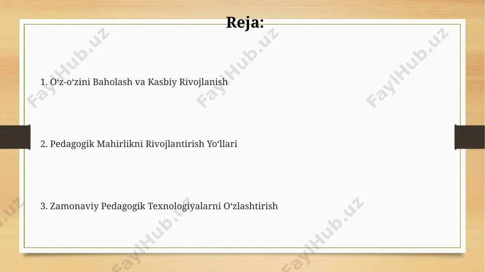 va o'zingizning pedagogik uslubingizni shunga mos ravishda shakllantirish foydali. o'qituvchining o'ziga xos uslubini shakllantirishda kamida 3 ta turli o'quv uslublarini (masalan, amaliy, nazariy, o'yinli) birlashtirish va ularning samaradorligini 5 ta dars davomida kuzatish muhim. innovatsion taʼlim texnologiyalaridan foydalanish innovatsion ta'lim texnologiyalari, masalan, o'quv o'yinlari va interfaol doskalar, o'quv jarayonini 20% ga tezlashtirib, talabalarning 30% ko'proq ma'lumotni o'zlashtirishiga yordam beradi. aralash o'qitish (blended learning) modeli, onlayn va oflayn resurslarni birlashtirib, individual o'rganishga imkon beradi va shu bilan talabalarning 40% gacha yutuqlarini oshirishi mumkin. virtual va kengaytirilgan reallik texnologiyalaridan foydalanish, murakkab tushunchalarni vizual ravishda namoyish etishga imkon berib, o'quv materialini 15% samaradorroq qabul qilinishini ta'minlaydi. differensial taʼlim va individual yondashuv samarali differensial ta’lim va individual yondashuvni amalga oshirish uchun kamida 20% dars vaqti individual ishlarga, 30% guruhlarda ishlarga va 50% esa umumlashtiruvchi mashg’ulotlarga ajratish tavsiya etiladi. individual yondashuv o’quvchilarning 7 turdagi intellektual qobiliyatlarini (masalan, mantiqiy-matematik, tilviy-lingvistik) aniqlash va ularga mos ravishda 10 …