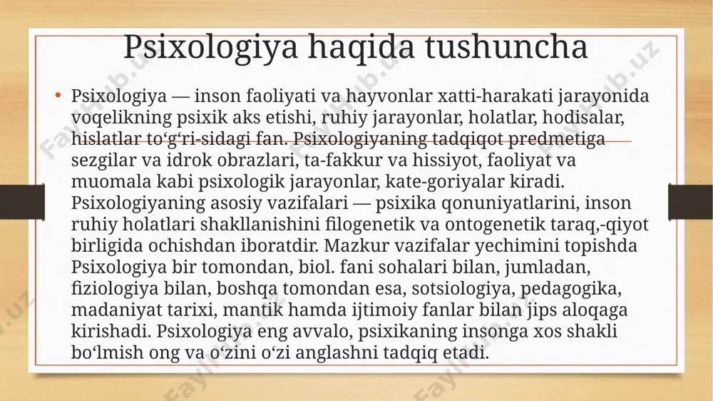 lishlar vujudga keldi: bixeviorizm, geshtaltpsixologiya, personalizm, freydizm va h.k. psixologiyaningrivojiga i. m. sechenov (psixikaning reflektor tabiati), i. psixologiya pavlov (oliy nerv faoliyati) taʼlimotlari muhim hissa boʻlib qoʻshildi. rossiyada v. m. bexterev eksperimental lab. (qozon, 1885), harkov universiteti va n. n. langening odessadagi lab., g.chelpanovning kiyevdagi, s. korsa-kovning moskvadagi, keyinchalik v. m. bexterev, a. lazurskiy, a. nechayevlarning peterburgdagi, v. chijning yuryev (tartu, estoniya)dagi eksperimen-tal lab. lari psixologiya taraqqiyotiga alohida taʼsir oʻtkazdi. 1912-yil moskva universitetida psixologiya instituti ochildi. shu yilda i. a. sikorskiy tomonidan kiyevda jahonda birinchi marta bolalar psixologiyasi instituti tashkil qilindi. 20-asrning 1-yarmida rossiyada k. n. kornilov, psixologiya psixologiya blonskiy va boshqa dialekti-kaga asoslangan ilmiy psixologiyani yaratishga kirishdilar xx asrning zabardast psixologlaridan biri hisoblanmish anri valon o’zining original ta’limoti bilan eksperimental psixologiyada alohida o’rin egallaydi. birinchi navbatda uning taraqqiyot genetikasiga oid qarashlari muhim ahamiyat kasb etib, genotip va fenotip negizlaridan kelib chiqqan holda muammo moxiyati tushuntiriladi. taraqqiyotning dastlabki ko’rinishi o’yinlarda …