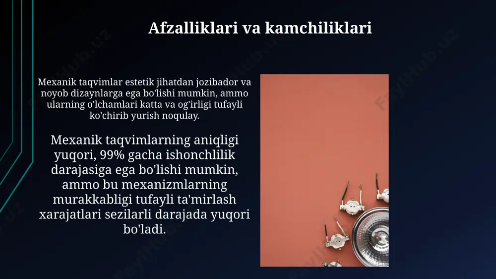 n elementlar usuli (fem) simulyatsiyasi keng qoʻllaniladi, bu esa mahsulot sifatini va ishonchliligini 15% ga yaxshilaydi. zamonaviy mexanik taqvimlarni ishlab chiqarishda 5-o'qni nazorat qiluvchi cnc frezalash mashinalari va 3d-printerlar kabi yuqori aniqlikdagi texnologiyalar qo'llaniladi. e'tiboringiz uchun rahmat @taqdimot_robot image1.jpg image2.jpg image3.jpg image4.jpg image5.jpg image6.jpg image7.jpg image8.jpg image9.jpg image10.jpg