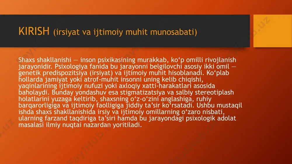 v asr falsafasida vujudga kelgan preformizm oqimi namoyandalari esa shaxs rivojlanishidagi naslning roliga katta baho berib, va tarbiyaning rolini inkor etadi. xorij psixologiyasidagi yana bir oqim — bixeviorizm xx asr boshlarida yuzaga kelgan bo'lib, uning namoyandalari, ong va aqliy qobiliyat nasldan-naslga o'tib, insonga u tabiatan berilgan, deyiladi. mazkur ta'limot vakili amerikalik olim e.torndaykdir. progmatizm oqimi va uning vakillari d.d'yul, a.kombe ham shaxs rivojlanishini biologik nuqtayi nazarda asoslaydilar. ular rivojlanishni faqat miqdoriy o'zgarishdan iborat, deb qaraydilar. naslning rolini absolyutlashtirib, uni inson taqdirida hal qiluvchi ahamiyatga ega deb biladilar. demak, bir guruh xorijiy olimlar rivojlanishni biologik (nasliy) omilga bog'laydilar. biologik oqimga qarshi falsafiy oqim vakillari rivojlanishni ijtimoiy omil bilan belgilaydilar. bu oqim vakillari bola shaxsining jismoniy psixik rivojlanishi u yashaydigan muhitga bog'liq deb ko'rsatadilar. muhit deganda odam yashaydigan sharoitdagi barcha tashqi ta'sir tushuniladi. shu nuqtayi nazardan tarbiya tufayli bolani o'zi yashaydigan ijtimoiy sharoitga moslashtirish mumkin, degan xulosa kelib chiqadi. ular ijtimoiy muhitning …