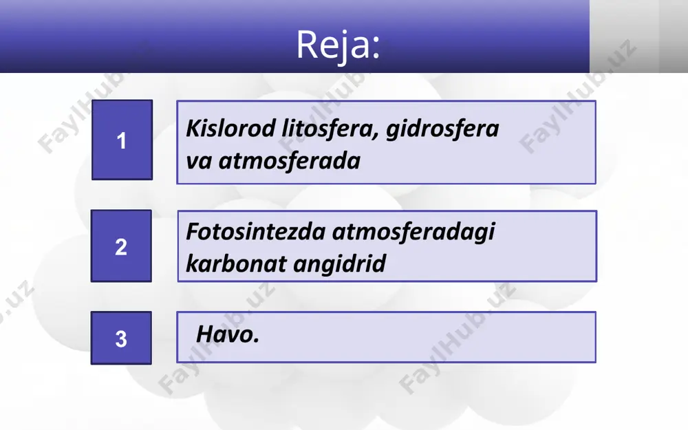 si bo‘lgan sulfit angidrid, atmosferada elektr razryadlari natijasida hosil bo‘ladigan azot oksidlari. havo yerdagi hayot uchun eng zaruriy tarkibiy qism bo‘lib, uning tozaligini, musaffoligini saqlash insoniyat uchun muhim ahamiyatga ega. havoni ifloslanishdan saqlash uchun chiqindisiz yangi texnologiyalar qo‘llanishi, yer biomassasining noo‘rin kamaytirilishining oldini olish, havo tozaligini saqlovchi tabiiy mexanizmlarni normal ishlashini ta’minlash zarur. image2.jpg image3.jpeg image4.png image5.jpeg image6.jpeg image7.jpeg image8.png image9.png image10.jpeg image11.jpeg image12.jpeg image13.jpeg image14.png image15.jpeg image16.jpeg image17.jpeg image18.jpeg image19.jpeg image20.jpeg image21.jpeg image22.jpeg image23.jpeg image24.jpeg image25.jpeg image1.jpg /docprops/thumbnail.jpeg