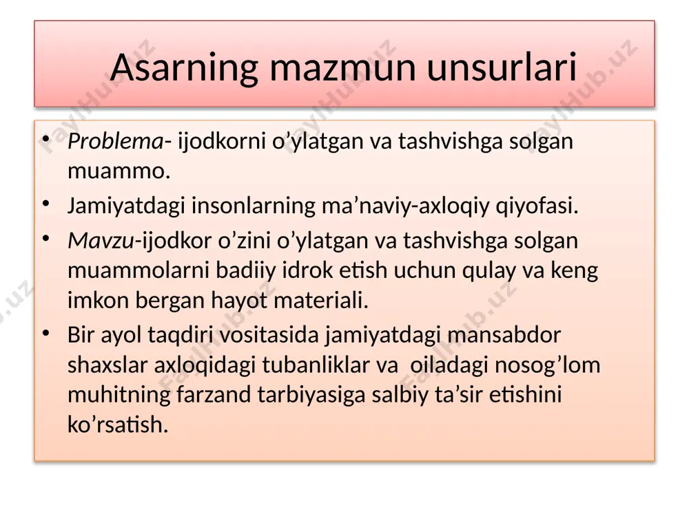 qoladi. ilmiy tadqiqot institutiga ishga kirishi. dilya dugonasi bilan “indamas” bilan tanishishi; dadasining do’sti vosil amaki unga kuyov topishi; abdulaziz amaki bilan tanishish; kulminatsiya: ilmiy tadqiqot instituti direktori dessertatsiyasini yoqlash bahonasida nomusiga tegmoqchi bo’lgani. yechim: zabarjadning ota chorbog’ini sotish uchun qishloqqa kelgani va azamatning otasi tilidan aytgan er kishi yer sotmasligi haqidagi ibratli fikri . chorbog’dan shifobaxsh suvning chiqishi. voqealarning o’zaro munosabatiga ko’ra “zabarjad” qissasida xronikali syujet yetakchilik qiladi. shuningdek, asarda retrospektiv va parallel vaqtda sodir bo’lgan voqealar mavjud: retrospektiv vaqt: zabarjad mastura ammasinikiga borganda ammasining otasining o’limidan keyin uni boshqa soy bo’yiga bormasligini aytganini hikoya qilib beradi. parallel vaqt: zabarjad qishloqqa borib chorbog’dan suv chiqishi voqealari yuz berayotgan paytda vosil amakining o’limini yuz berishi. obrazlar sistemasi bosh qahramon: zabarjad. qahramonlar: vazira xola, “indamas”. ikkinchi darajali qahramonlar: vosil amaki, zokir, sur’atjon. epizodik qahramonlar: abdulaziz amaki ,dilya, azamat, ammasi, fozilboy, adolat, direktor. umumlashtirish darajasiga ko’ra xarakter obraz: azamat tipik obraz: ilmiy …