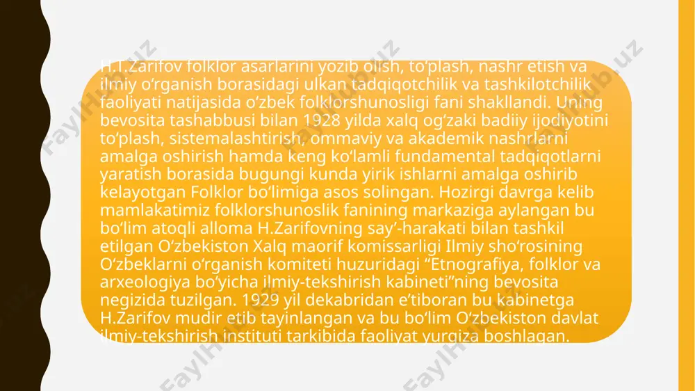 ri” akademik nashri, “rustamxon” va “alpomish” dostonlarining akademik nashrlari, ikki jildlik “o‘zbek xalq ertaklari”, “o‘zbek xalq dostonlari” ko‘pjildlik silsilasi, doston, ertak, maqol, qo‘shiq, topishmoq, latifa kabi janrlarga oid matnlarning alohida kitoblar holidagi nashrlari folklor asarlarini ilmiy, ilmiy-ommabop va ommabop nashr etish borasida erishilgan jiddiy yutuq sifatida baholanishga loyiqdir. h.zarifov folklor asarlarini nashrga tayyorlashning ilmiy mezonlarini ishlab chiqdi va “shayboniyxon” (1928), “ravshan” (1940, 1941, 1954, 1963), “malika ayyor” (1941, 1954), “chambil qamali” (1944), “kuntug‘mish” (1949, 1955), “yodgor” (1956), “qunduz bilan yulduz” (1963), “ochildov” (1963), “xurshidoy” (1965), “rustam” (1965), shuningdek, “oysuluv”, “mamatkarim polvon”, “jizzax qo‘zg‘oloni”, “hasan batrak”, “alpomish”, “yakka ahmad”, “xoldorxon” kabi dostonlarni nashrga tayyorladi. u “o‘zbek folkloridan namunalar” (1939), “o‘zbek folklori” (1939), “otalar so‘zi – aqlning ko‘zi” (1947), “o‘zbek xalq shoirlarining ijodi” (1958), “o‘zbek she’riyati antologiyasi” (1-tom, 1961) majmualarining ham noshiridir. e’tiboringiz uchun rahmat image1.jpeg /docprops/thumbnail.jpeg