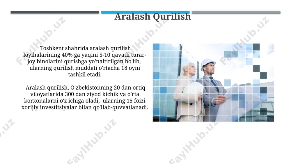 a, umumiy qiymati 10 million aqsh dollaridan ortiq bo'lgan ishlarni bajarish uchun, 30% ga yaqin tejashga olib keladi. xorijiy investorlar bilan hamkorlikda, ayniqsa, buxoro shahridagi yirik infratuzilma loyihalarida, 20% gacha bo'lgan qurilish jarayonlarini outsourcing orqali amalga oshirish, sifatni nazorat qilish tizimlarini takomillashtirishga yordam beradi. subpudrat qurilish subpudrat shartnomalarida, ayniqsa, samarqanddagi yirik infratuzilma loyihalarida, 15% dan kam bo'lmagan to'lovlar kechiktirilgan holda amalga oshirilganligi, bu esa kichik subpudratkorlar uchun moliyaviy xavflarni oshiradi. andijon viloyatida 50 dan ortiq qurilish shirkatlari subpudrat shartnomalari asosida 100 ga yaqin turar-joy binolarini qurishda ishtirok etdi, bu esa ishchi kuchining samaradorligini oshirdi. buyurtma asosidagi qurilish o'zbekistondagi buyurtma asosidagi qurilish loyihalarining 70% dan ortig'i davlat yoki xususiy korxonalar tomonidan moliyalashtiriladi, bu esa qurilish hajmlariga sezilarli ta'sir ko'rsatadi. buyurtma asosidagi qurilish, masalan, toshkent shahridagi 5 qavatli binoning qurilishi, odatda aniq texnik topshiriq va shartnoma asosida amalga oshiriladi, bu esa loyiha xarajatlarini oldindan aniqlash imkonini beradi. kooperativ qurilish oʻzbekistonning kooperativ qurilish …
