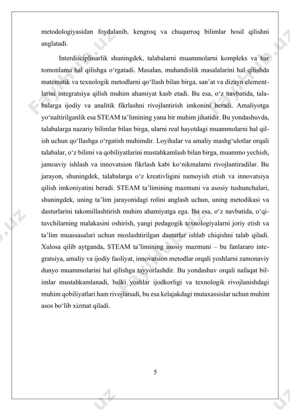 rqali yoshlar uchun muhit yaratish mumkin. bu texnologiyalar, ayniqsa, onlayn va aralash ta’lim shakllarida keng qo‘llanilmoqda va yoshlarning ijodkorligini oshirishda muhim rol o‘ynaydi. innovatsiyalar, shuningdek, o‘qituvchilarning malakasini oshirish va yangi metodikalarni joriy etish orqali ta’lim sifatini yaxshilash imkonini beradi. amaliyotga o'tish jarayonida, nazariy bilimlar nafaqat sinfda, balki haqiqiy hayotdagi muammolarni hal qilishda ham qo‘llaniladi. bu uchun, loyiha asosidagi ta’lim va amaliy mashg‘ulotlar muhim ahamiyatga ega. masalan, ekologiya muammolarini hal qilish uchun o‘quvchilar ekologik loyihalar ishlab chiqadilar, yoki texnologik muammolarni hal qilish uchun real mahsulotlar va prototiplar yaratadilar. bu yondashuv, yoshlarni nafaqat bilim bilan ta’minlash, balki ularni innovatsion fikrlash va muammoni hal qilishda faol ishtirok etishga o‘rgatadi. bu jarayon, shuningdek, o‘qituvchilar va talaba o‘rtasidagi hamkorlikni kuchaytiradi va ta’lim muhitini dinamik va ijodiy qiladi. steam ta’limining innovatsion metodlari, loyiha va muammo yechimlariga asoslangan ta’lim, hamda ko‘rgazmali va interaktiv texnologiyalar bilan boyitilgan bo‘lib, ular talabalarni faqat bilim bilan ta’minlamay, balki ularni zamonaviy muhitda …