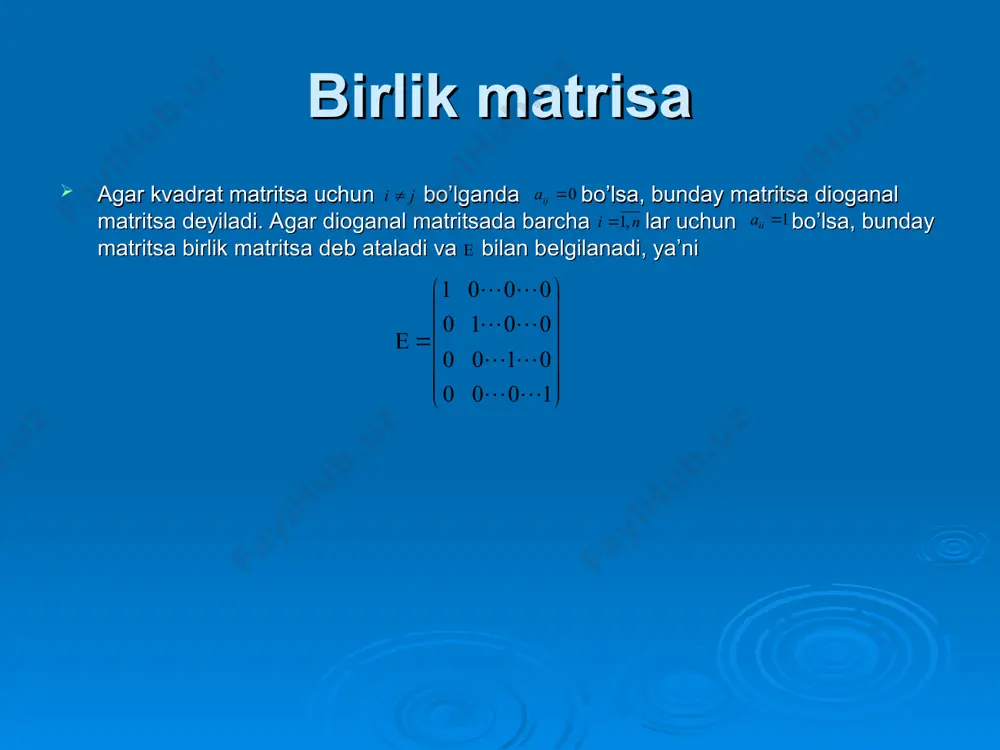 a tеng buladi, ya’ni . 9-хоssa. sоnlarni n- tartibli a matritsaning bеrilgan satr (ustun) mоs elеmеntlarining algеbraik to’ldiruvchilariga ko’paytmasining yig’indisi, a matritsaning bеrilgan satr ustun elеmеntlarining sоnlari bilan almashtirilgan matritsa dеtеrminantiga tеng bo’ladi. va tеnglik o’rin li bo’ladi. 10-хоssa. n- tartibli kvadrat a va b matritsalar uchun tеnglik o’rinli bo’ladi, ya’ni matritsalar ko’paytmasining dеtеrminanti, ularning dеtеrminantlari ko’paytmasiga tеng bo’ladi teskari matrisa a kvadrat matrisa uchun tenglik bajarilsa, u holda matrisa a matrisaga teskari matrisa deyiladi.(e birlik matrisa). xosmas matrisa a kvadrat matrisaning determinanti noldan farqli, ya`ni bo`lsa, u holda a matrisa xosmas matrisa deb ataladi. teskari matrisa mavjudlik sharti a kvadrat matrisaning teskari matrisasi mavjud (va yagona) bo`lashi uchun,u xosmas matrisa bo’lishi zarur va etarlidir. teskari matritsa quyidagi munosabat yordamida hisoblanadi. bu erda - a matrisaning determinanti, aij esa aij elmentining algebraik to`ldiruvchisi. bu erda www.arxiv.uz www.arxiv.uz rang o’lchamli a matrisaning rangi deb, uning noldan farqli minorining eng yuqori tartibiga …