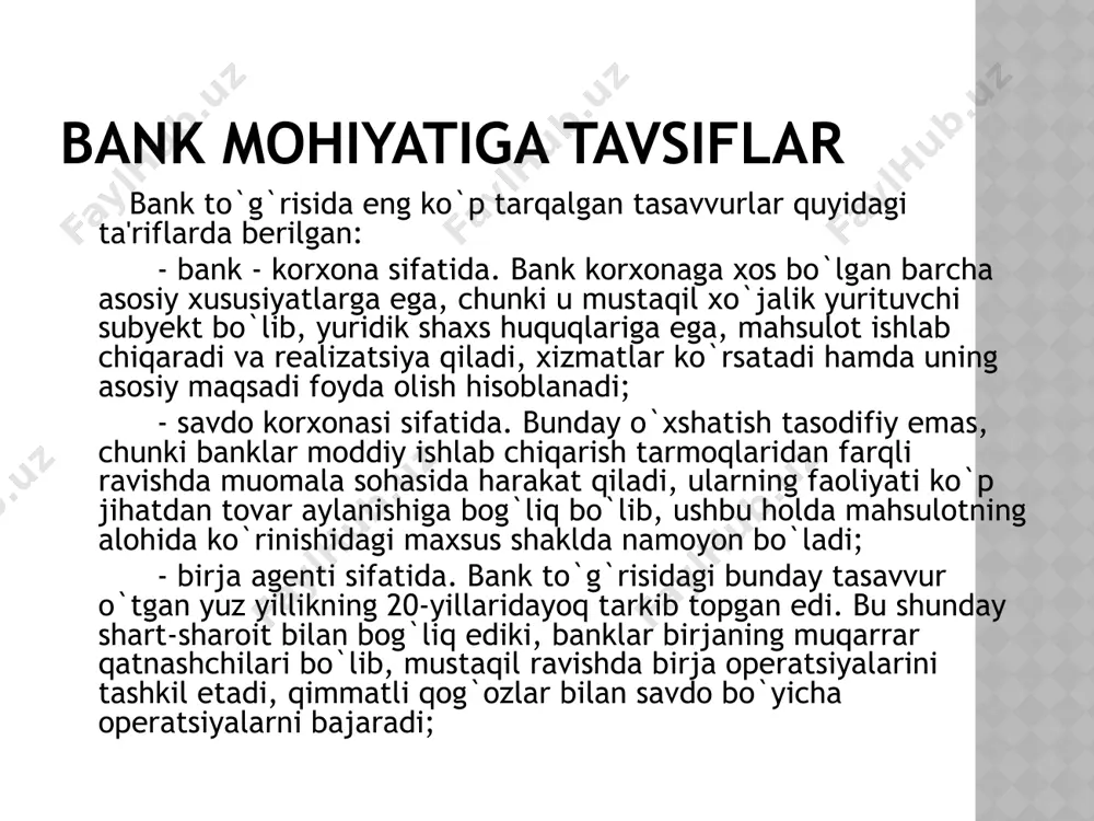 lining 50 foiziddan kam bo`lmagan ulushini tashkil etib, uning qolgan qismi nodavlat yuridik shaxslarga tegishli bo`lgan bankdir. shu'ba bank shu'ba bank – ustav kapitali to`liq norezident-bank tomonidan to`langan bankdir. bizning respublikamiz hududida bunday banklarni ochish uchun moliyaviy ahvoli mustahkam bo`lib, ish-faoliyatida bekami-ko`st obro` qozongan norezident-banklargagina ruxsat beriladi. shu'ba-bank ochishni yoki bank kapitalida ishtirok etishni istagan norezident-bank ustav kapitali kamida 30 mln. dollarni (ekvivalentda) tashkil etishi kerak. banklarni ro`yxatdan o`tkazish va faoliyatini litsenziyalash tartibi banklar markaziy bankda ro`yxatdan o`tkazilib, litsenziya olganidan keyingina bank operatsiyalarini amalga oshirishi va yuridik shaxs maqomini olishi mumkin. banklarni ro`yxatdan o`tkazish va litsenziyalashning huquqiy asoslari banklar va bank faoliyati to`g`risidagi qonunning 5, 10 – 13-moddalarida tartibga solinib, ular markaziy bankning maxsus me'yoriy hujjatida o`zining aniq ifodasini topdi. markaziy bankning nazorat funksiyalari markaziy bankning nazorat funksiyalarini amalga oshirish bo`yicha vakolatlari markaziy bank to`g`risidagi qonunning 51-moddasida mustahkamlab berilgan bo`lib, u quyidagilarni belgilab beradi: bank operatsiyalarini amalga oshirish, buxgalteriya hisobi …