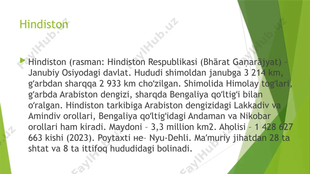 ashkil etadi. kashmiriylar dari til guruhiga mansub. hindiston janubda, asosan, dravid tillarida, shimoliy va shimoli-sharqida tibetbirma tillarida soʻzlashuvchi xalqlar yashaydi. shaharlari shahar aholisi 30%. rasmiy tillar – hind va ingliz tillari. aholining koʻpchiligi (73%) hinduiylik diniga eʼtiqod qiladi; islom (16%), xristian (6%), sikhizm (2,5%) va boshqa dinlarga eʼtiqod qiluvchilar ham bor. yirik shaharlari: kalkutta, bombay, dehli, chennay, bangalor, ahmadobod, haydarobod, puna, kanpur, nagpur, jaypur, lakhnau. eʼtiboringiz uchun rahmat. image1.jpeg image2.jpeg image3.jpeg image4.jpeg image5.jpeg image6.jpeg image7.jpeg image8.jpeg image9.jpeg image10.jpeg image11.jpeg /docprops/thumbnail.jpeg