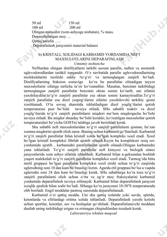 i bilan yuviladi (ikki marta). bu erituvchi alohida yig‘iladi. yuvish uchun foydalanilgan erituvchining miqdori depafinlanuvchi moddani miqdoriga teng bo‘lishi kerak. vakuum nasosni yana 10-15 minut ishlatib turiladi. keyin sistema atmosferaga ochib yuboriladi. nasos to‘xtatiladi. stakan yoki chinni idishni tarozida tortib olib, unga voronkadagi qattiq parafinlarni olinadi. qattiq parafinlarni filtrlab ajratib olish qurilmasi. 1-metall voronka; 2-sovutuvchi moslama; 3–suyuq mahsulotni yig‘uvchi; stakandagi parafin, filtrdan o‘tgan eritma tortib olinadi, ularni tarkibidagi erituvchini haydab olinadi. buning uchun maxsus moslamadan (2-rasm) foydalaniladi. erituvchini haydab olganidan so‘ng, qattiq parafinni va deparafinlangan moy fraksiyasini tarozida tortib olib material balansini tuziladi. deparafinlangan moy fraksiyasini quyidagi ko‘rsatkichlarini aniqlanadi: qotish temperaturasi, qovushqoqligi 50 va 1000 c da. qovushqoqlik indeksi va qovushqoqliklar nisbati: bajarilgan ishlarni natijasini yozib olinadi: deparafinlanadigan xomashyo ……. xom ashyoning fizik-kimyoviy ko‘rsatkichlari …….. qotish temperaturasi t 0 c …… qovushqoqligi 100 yoki 50 0 c da s st deparafinlash sharoitlari……… erituvchi…………… erituvchining moddaga nisbati - yuvish uchun qancha …