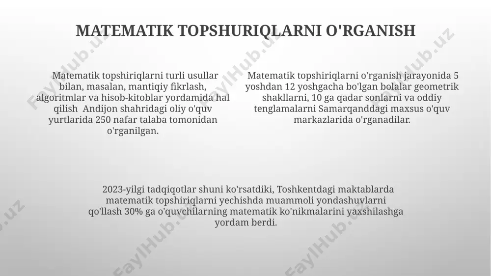 qo’llanilmoqda. o’zbekistondagi matematik ertaklarning 30% dan ortig’i, matematik tenglamalarni va algebraik ifodalarni bolalarga tushunarli qilib tushuntirishga qaratilgan, jumladan, fraksiyalar va foizlar bilan bog’liq misollarni ham o’z ichiga oladi. ba’zi matematik ertaklar 12 ta vazifa yoki muammoni o’z ichiga oladi, bu esa bolalarning mantiqiy fikrlash qobiliyatini rivojlantirishga yordam beradi, masalan, toshkentda nashr etilgan “sehrli sonlar mamlakati” kitobida. mantiqiy fikrlashni rivojlantirish mantiqiy fikrlashni rivojlantirishda 80% samaradorlikka erishish uchun, 5-sinf o'quvchilarining 4 soatlik mashg'ulotlar o'tkazish va 2 ta kichik guruhda ishlash tavsiya etiladi. uzbekistanning 2023-yilgi ta'lim islohotlari doirasida "mantiqiy fikrlashni rivojlantirish"ga 7% ko'proq mablag' ajratildi, bu esa 15 ta yangi o'quv markazini ochish imkonini berdi. “mantiqiy fikrlashni rivojlantirish” o'quv dasturi 5-10 yoshli bolalar uchun 12 ta mavzu bo'yicha 36 ta mantiqiy topshiriqni o'z ichiga oladi, ularning aksariyati toshkent shahridagi maktablar tajribasiga asoslangan. matematikaning turli sohalari geometriya sohasida evklid geometriyasi qadimgi yunonistonning aleksandriya shahrida paydo bo'lib, 5 ta postulatga asoslangan bo'lib, ko'p asrlar davomida …