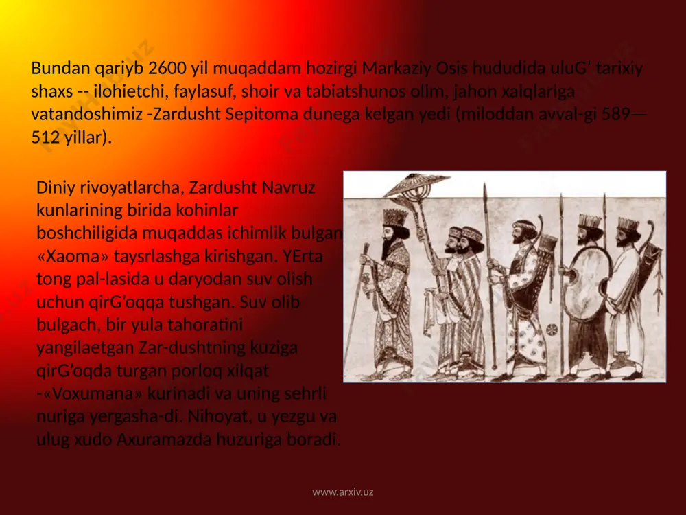 a markaziy osibda kuch-manchilikka asoslangan turmush tarzi inqirozga uchrabtgani, utroqlik turmush tarzi qaror topaet-gani, sug’oriladigan dshqonchilik hamda chorvachilik, hunarmandchilik keng taraqqiy yetaytgani, yangi shaharlar, qishloqlar bunsd bulaytganligi, utroqlik turmush tarzi har jihatdan afzal kurinishi bilan ham xaraktsrli yedi. shunday turmush tarzini barqaror qilish, odamlarga, xalqlarga g’oyatda kulfat ksltirabtgan hamda aksariyat bosqinchilik tusini ol-gan kuchmanchilikka qarshi kurash habtiy yehtiyojga ay-langan yedi. bu yehtisjni hammadan ko’p anglab etgan donishmand zardusht buldi. u inqirozdan qutulish, xalqlar, qabilalarni birlashtirib, yagona davlatchi-likka yerishishning birdan-bir yuli — bu yakkaxudo-likka utishdan iborat deb bildi va butun ongli faoliyatini, hastini ana shu muqaddas ishga bag’ish-ladi, shu muqaddas maqsad yulidagi kurashda halok buldi. www.arxiv.uz «avesto- zardushtiylik dinining muqaddas kitobi axuramazdaning rasmiy tus olishiga qadar uning zardusht orqali vahiy qilingan ilohiy xabarlari turon va yeron zamini xalqlari orasida asrlar davo-mida turli diniy marosimlar, duolar, madhlar, sura va oyatlar sifatida yig’ila boshlagan. bular zardusht-ning ulimidan keyin muqaddas kitobga tuplangan va bu …