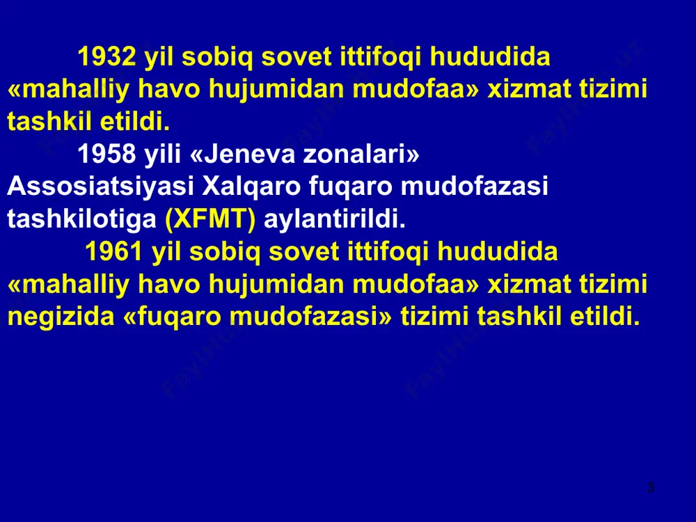 toshkent shahar «qutqaruv xizmati» (telefon raqami:1050) tashkil etildi. 1 2 3 6 5 4 7 8 9 * o‘r oliy majlisi qaroriga binoan, 1999 y. “odamning immunitet tanqisligi virusi bilan kasallanishining (oiv kasalligining) oldini olish to‘g‘risida”gi qonun amalga kiritildi. ushbu qonunni 2- moddasida quyidagi asosiy tushunchalar qo‘llaniladi: oiv kasalligi - odamning immunitet tanqisligi virusi oqibatida kelib chiqqan o‘ta xavfli infeksiya. oits-orttirilgan immunitet tanqisligi sindromi, oiv kasalligining so‘nggi bosqichi. oiv kasalligini yuqtirganlar - odamning immunitet tanqisligi virusi kasalligini yuqtirgan shaxslardir. * o‘r oliy majlisi qaroriga binoan, 1999 y. «aholini va hududlarni tabiiy, hamda texnogen xususiyatli fv muhofaza qilish to‘g‘risida»gi o‘r qonuni qabul qilindi. ushbu qonun aholini va hududlarni tabiiy hamda texnogen xususiyatli favqulodda vaziyatlardan muhofaza qilish sohasidagi ijtimoiy munosabatlarni tartibga soladi, hamda favqulodda vaziyatlar ro‘y berishi va rivojlanishining oldini olish, favqulodda vaziyatlar keltiradigan talafotlarni kamaytirish va favqulodda vaziyatlarni bartaraf etishni maqsad qilib qo‘yadi. * o‘r oliy majlisi qaroriga binoan, 1999 y. …