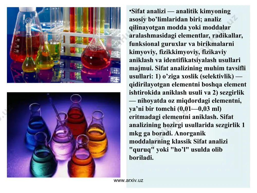 viy o`zgarish analitik reaksiya, bu reaksiyaga sabab bo`lgan modda esa reagent deyiladi. www.arxiv.uz www.arxiv.uz 2) analizning fizik-kimyoviy reaksiya asosida hosil qilingan modda rangli eritmasining rang intensivligi shu moddaning kontsentratsiyasiga bog`liqligiga, yoki aniqlanadigan modda eritmasi orqali o`tayotgan elektr toki shu modda kontsentratsiyasiga bog`liqligiga asoslangan va hokazo juda ko`plab misollar keltirish mumkin. 3) analizning fizikaviy usullari,moddaning kimyoviy tarkibi bilan uning ayrim fizikaviy xossalari o`rtasidagi bog`lanishga asoslangan.masalan, spektral analizda modda gorelka alangasiga yoki elektr yoyiga kiritilganda sodir bo`ladigan nurlanish spektri aniqlanayotgan elementar uchun xos chiziqlar bo`lishiga qarab, berilgan moddada o`sha elementlar bor yo`qligi haqida, chiziqlar ravshanlik darajasi asosida ularning miqdori to`g`risida fikr yuritiladi. bu usul juda seziluvchan bo`lib elementlarni 10-6-10-8 g gacha miqdorini aniqlashga imkon beradi. www.arxiv.uz www.arxiv.uz lyuminestsent analiz moddalarning lyuminestsentsiyalanishiga asoslangan, ya`ni bunda modda o`ziga tushayotgan ultrabinafsha yoki boshqa nurlar ta`sirida o`ziga xos nurlar chiqarib lyuminestsentsiyalanadi. lyuminestsentsiyaning intensivligi va rangi turli moddalarni sifat va miqdoriy aniqlashda analitik belgilar hisoblanadi.(sezgirligi10-10 g) www.arxiv.uz …