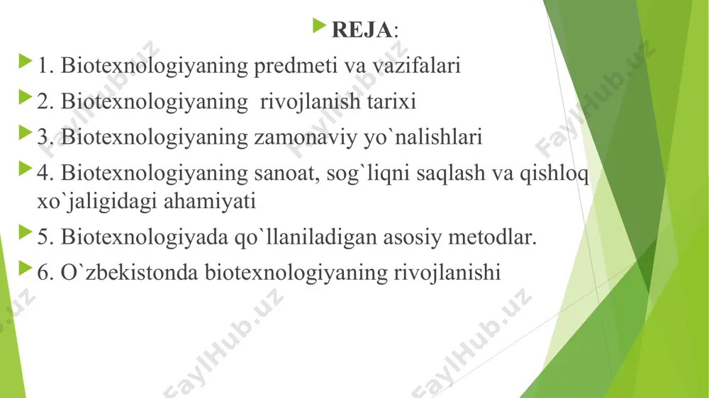 birinchi restriktsion endonukleaza ajratib olingan 1972 to`liq hajmli rnk geni sintez qilingan 1972 rekombinant dnk texnologiyasiga asos solingan 1975 monoklonal antitela olingan 1976 rekombinant dnkni olish bo`yicha yo`riqnoma ishlangan 1976 dnkning nukleotid ketma-ketligini aniqlash metodi ishlab chiqilgan 1978 e.coli yordamida inson insulini ishlab chiqilgan 1982 rekombinant dnk texnologiyasi bo`yicha olingan 1 vaksinani hayvonlarda qo`llashga ruxsat berilgan 1983 gibrid ti–plazmidadan foydalanib o`simliklar transformatsiyalangan 1988 polimerazaning zanjir reaktsiyasi metodi yaratilgan 1990 insonning somatik hujayrasidan foydalanib gen terapiyasi sinash rejasi tasdiqlandi 1990 “inson genomi” loyihasi bo`yicha ishlar boshlandi 1994-1995 inson xromosomasining genetik va fizik haritasi chop etildi 1996 rekombinant dnk katta miqdorda sotildi 1997 somatik hujayradan sut emizuvchi klonlashtirildi o`zbekistonda biotexnologiyani fan sifatida ikki yo`nalishini ko`rish mumkin: 1. hozirgi zamon biotexnologiyasi. 2. klassik biotexnologiya. hozirgi zamon biotexnologiyasi gen va hujayra injenerligi usullari genetik transformatsiya qilngan ob’yektlarni yaratish texnologiyalari, ular orasida turli mahsulotlarni ishlab chiqarishdir. klassik biotexnologiya esa tabiiy biologik ob’yektlardan foydalangan holda turli …