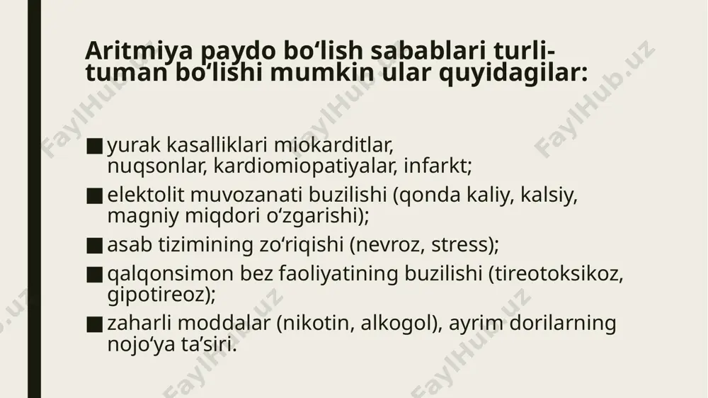nishining asosiy sabablarini aniqlashga qaratiladi. bunda dastlab miokard infarkti, miokardit, kardioskleroz, tireotoksikoz, elektrolit buzilishlar va shu kabi kasalliklarga sinovlar o‘tkaziladi. ko‘pincha dastlab tashxis tasodifan majburiy umumiy ko‘riklar paytida qo‘yiladi. chunki aritmiya uzoq vaqt simptomlarsiz kechishi mumkin. lekin yurak ritmi buzilishi xarakteri va aritmiya sababini faqat elektrokardiografik tekshirish chog‘ida (ekg), aniqlik bilan belgilash mumkin. bu tekshirishlarni shifokor-kardiolog tayinlaydi. jismoniy zo‘riqishli ekg sinovlari (veloergometriya); ekgning kechayu-kunduz sutka davomida yozib olishi; elektrofiziologik tekshiruv elektrolit almashinuvini tekshirish (qonda kaliy, kalsiy va magniy to‘planishi); qalqonsimon bez garmonlarining darajasini aniqlash. aritmiya kasalligini davolash parhez. aritmiya kasalliklari uchun maxsus parhez yo‘q. biroq kaliyga boy kartoshka, uzum, o‘rik va magniyga boy suli va yosmiq yormasi, turshaklar, yong‘oqlar iste’mol qilish tavsiya etiladi. bu oziq-ovqatlar foydalanish yurak ritmiga ijobiy ta’sir ko‘rsatishi mumkin. dori vositalari. dori vositalarini shifokor ko‘rsatmasiga ko‘ra va uning nazorati ostida qabul qilish lozim. asab tizimi faoliyatining buzilishlari bilan namoyon bo‘lgan yengil aritmiyani davolash uchun sedativ vositalar, kaliy …