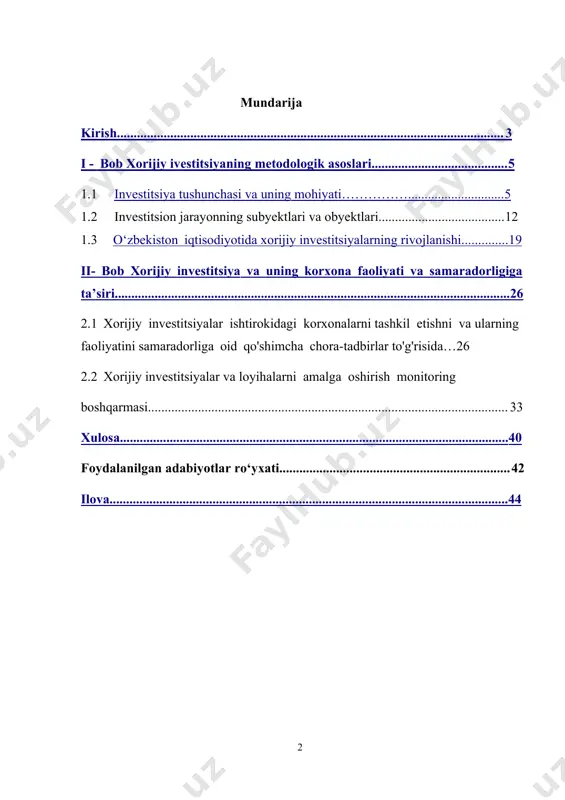 xorijiy investorlar uchun hududlar va tarmoqlar boʻyicha investi tsiya loyihalarini puxta shakllantira olsak, bu masalada ijobiy natijaga erishish mumkin , - deya ta’kidlab o’tdilar1 darhaqiqat, prezident to’g’ridan- to’g’ri xorijiy investitsiyalar ishtirokidagi loyihalarni so’zsiz amalga oshirish, chet ellik investorlarga har tomonlama yordam berish hukumatning eng muhim vazifasi bo’lishi kerakligini taʼkidladi. kurs ishi mavzusi kimlar tomonidan o’rganilgan. o'zbekiston respublikasining investitsiya siyosati va uning asosiy yo'nalishlari, xorijiy investitsiyalarning iqtisodiyotning tarkibiy jihatdan qayta qurishdagi roli, respudblikamizda qulay investitsiya muhitini barpo etishning ilmiy va amaliy jihatdanlari respublikamiz iqtisodchi-olimlari – orifxonov sh., sirajiddinov n., tursunov b.m., hikmatov. o., bedrintsev a.k., yo'ldoshev sh., isajonov a., rasulev a.f., yusupov a., trushin e.f. va boshqalar tomonidan tadqiq qilingan. 1 mirziyoev sh.m. qonun ustuvorligi va inson manfaatlarini ta’minlash – yurt taraqqiyoti va xalq farovonligining garovi. o’zbekiston respublikasi konstitutsiyasi qabul qilinganligining 24 yilligiga bag’ishlangan tantanali marosimdagi ma’ruza. 2016 yil 7 dekabr/sh.m.mirziyoev. – toshkent: “o’zbekiston”, 2017. – 48 b. kurs ishi obyekti. …