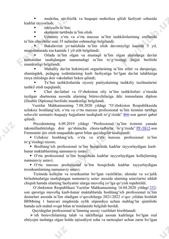 jihozlari, kompyuter texnikasi, о‘quv-metodik qо‘llanmalar bilan ta’minlash nazarda tutilgan. 2017-2021 yillarda oliy ta’lim tizimini tubdan takomillashtirish dasturini ishlab chiqildi, о‘quv dasturlarini yanada zamonaviylashtirish, pullik xizmatlar kо‘rsatish va moliyalashtirishning qо‘shimcha manbalarini izlashda oliy о‘quv yurtlarining vakolatlarini kengaytirish yо‘li bilan ularning mustaqilligi bosqichma-bosqich rivojlantirib borilmoqda. keyingi yillarda о‘zbekiston respublikasi prezidenti va vazirlar mahkamasining yetmishga yaqin farmon, qaror va farmoyishi qabul qilindi. bu tom ma’noda ta’lim tizimidagi о‘zgarish va yangilanishlar jarayonini boshlab berdi. ijtimoiy-iqtisodiy jabhalarda kechayotgan islohotlar muvaffaqiyati, yurt taraqqiyoti yuqori bilim va malakaga ega mutaxassislarga bog‘liq. keyingi yillarda oliy ta’lim tizimida kechayotgan tub islohotlarning pirovard maqsadi ham ayni ezgu intilishlarni kо‘zlashi bilan ahamiyatli bо‘lmoqda. davlatimiz rahbarining oliy majlisga murojaatnomasida ham oliy ta’lim tizimida tahsil olish uchun teng imkoniyat yaratishga oid ishlarni takomillashtirish, mamlakatimizda bitiruvchilarni oliy ta’lim bilan qamrab olish darajasini oshirish, oliy о‘quv yurtlari nufuzini yuksaltirish, sohaga yuqori malakali kadrlarni jalb etish va raqobatni kuchaytirish zarurligiga alohida e’tibor qaratgan edi. 2017-2021 yillarda …