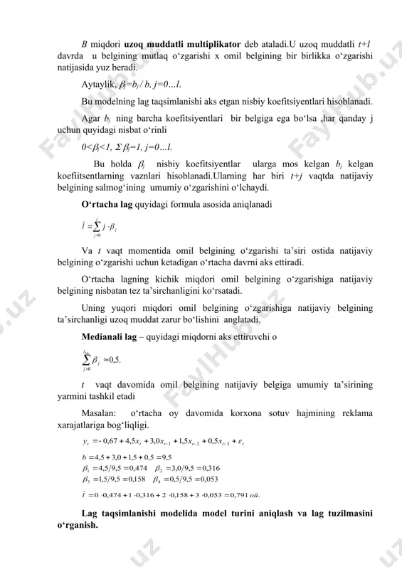 i. v rasmdagi tendensiyaning asosiy xusussiyati –lag ta’sirlarning nisbatan simmetrikligi bo‘lib,ba’zi hollarda natijaga omil belgilarning kuchli ta’siri g,d.e rasmda ifodalangan grafiklar lagning polinominal tuzilmasiga ega. 4. almon lagi almon lagi – polinomlar yordamida tuzilmani ifodalovchi laglardir. k darajadagi polinom shaklida j lag miqdoriga bog‘liq bj koefitsiyentlar bog‘liqligini ifodalovchi modelni quyidagicha tasvirlash mumkin. almon lagi parametrlari modeldagi bj koefitsiyentlardan har birini quyidagicha yozish mumkin: umumiy holda: quyidagi belgilashlarni kiritamiz: u holda model ko‘rinishi quyidagi ko‘rinishga keladi: taqsimlangan lag modellari parmetrlarini hisoblash uchun almon metodini qo‘llash jarayoni quyidagi bosqichlarni qamrab oladi: 1. l lagning maksimal miqdori aniqlanadi. 2. lag tarkibini bayon qiluvchi k polinom darajasi aniqlanadi. 3. nisbatlar bo‘yicha o‘zgaruvchilarning miqdori hisoblanadi. 4. chiziqli regressiya tenglamasi parametrlari aniqlanadi. 5. taqsimlangan lag modellarining parametrlari hisoblanadi. almon metodi orqali parametrlashtirish xusussiyatlari · lagning kichik qismini tanlash omillarni hisobga olishda ayrim yo‘qotishlarga olib keladi,bu esa natijaga sezilarli ta’sir qiladi. ushbu omilning ta’siri qodiqlarda aks etadi,bu …