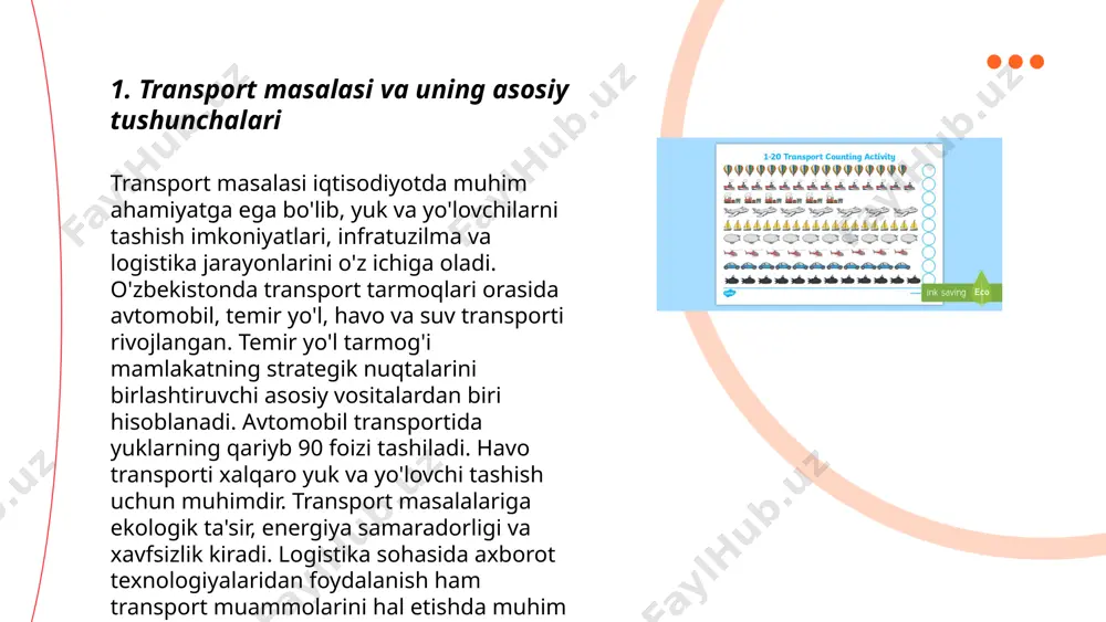 shga yordam beradi. ... t.me/slaydai_bot transport masalasida xarajatlarni kamaytirish uchun bir qancha samarali usullar mavjud. birinchidan, yoqilg'i samaradorligini oshirish uchun unumli transport vositalaridan foydalanish muhim. masalan, elektr yoki hibrid avtomobillar yoqilg'i sarfini 30-40% ga kamaytirishi mumkin. ikkinchidan, logistikani optimallashtirish orqali yoqilg'i iste'molini qisqartirish mumkin; masalan, yuk tashishda optimallashtirilgan marshrutlarni qo'llash transport xarajatlarini 10-15% ga kamaytiradi. uchinchidan, texnologiyalar, masalan, telematik tizimlar yordamida real vaqt rejimida kuzatish orqali yuk mashinalari samaradorligini 5-10% ga oshirish mumkin. to'rtinchidan, yirik hajmdagi yuklarni temir yo'l yoki dengiz transporti orqali tashish xarajatlarni sezilarli darajada qisqartirishi mumkin. ... t.me/slaydai_bot 7. transport masalasi uchun algoritmlar transport masalasi iqtisodiyotda muhim ahamiyatga ega bo'lib, uning algoritmlari logistika tarmoqlarida optimal yuk tashishni ta'minlaydi. transport masalasi chaqirgan xarajatlarni minimallashtirishga qaratilgan. eng mashhur algoritmlar orasida vogelning taxminlash metodi va shimol-g'arb burchagi qoidasi kabi usullar mavjud. ular transport tarmog'ida resurslarni samarali taqsimlashni osonlashtiradi. masalan, shimol-g'arb burchagi usuli boshlang'ich xarajat yechimini topish uchun foydalansa, vogelning metodi …