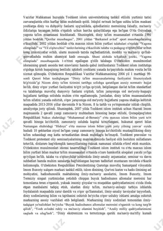 a e'tiqod qilishlari va o'z diniy marosimlarini emin-erkin bajarish kafolatini ta'minlab berdi. shu bilan birga yoshlarning diniy ta'lim olishlari uchun ham keng imkoniyat va sharoitlar yaratildi. sobiq ittifoq davrida buxoro shahridagi “mir arab” madrasasi va toshkent shahrida toshkent islom instituti faoliyat ko'rsatgan bo'lsa, istiqlolning dastlabki yillaridanoq fuqarolarning diniy ta'lim olishga bo'lgan ishtiyoqi tufayli o'nlab diniy ta'lim muassasalari o'zbekiston musulmonlari idorasi tasarrufida faoliyat ko'rsata boshladi. 1998 yildan diniy ta'lim muassasalari o'zbekiston respublikasi adliya vazirligi tomonidan qayta ro'yxatdan o'tkazilib, barcha madrasalar o'rta maxsus islom bilim yurti deb ataladigan bo'ldi. bugungi kunda respublikada 10 ta diniy ta'lim muassasasi toshkent islom instituti va 9 ta o'rta maxsus islom bilim yurtlari (shundan 2 ta ayol- qizlar bilim yurti) faoliyat ko'rsatib kelmoqda. mazkur diniy ta'lim muassasalarining ta'lim standartlari 2001 yildan boshlab umumta'lim fanlarini kasb-hunar kollejlari bilan bir xil shaklda o'qitilishi joriy qilinib, o'quv yurtlarida diniy va dunyoviy ta'limning uzviyligi ta'minlandi. o'zbekiston respublikasi vazirlar mahkamasining 2003 yil …