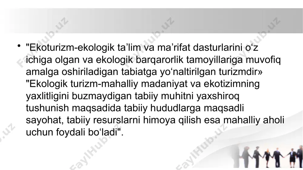 r), muzey yaratilmoqda. shuningdek, mamlakatimiz barcha hududlarining maktab o‘quvchilari, akademik kollej va litseylar o‘quvchilari hamda oliy ta’lim muassasalari talabalarining ekskursiyasini yo‘lga qo‘yishga doir maxsus dastur ishlab chiqilmoqda. xorazm viloyati va janubiy qoraqalpog'iston nafaqat tarixiy yodgorliklarga boyligi, balki tabiatning ko'plab qiziqarli tabiat joylari tufayli ham tashrif buyurishga arziydi. amudaryo bo'yida siz noyob turdagi qirg'oq o'simligi - toqay o'rmonchalarini uchratishingiz mumkin. toqay o'rmoni, yovvoyi cho'chqa, buhoro kiyiklari, jayron, tulki, shoqol, tolai quyon kabi ko'plab yovvoyi hayvonlar va ko'plab qush turlari uchun muhim yashash maskanidir. ushbu hududda mintaqaning tarixiy va tabiiy yodgorliklari bo'ylab o‘tuvchi uchta ekoturizm yo‘nalishlari yaratilmoqda. ekoturizm ob'ektlar xiva tumanidagi “eshonrovot” tabiiy suv omborining qirg‘og‘ida joylashgan “qizilqum” lageridagi “deshan-qala” va “ichan-qala” tarixiy yodgorliklari, “boltaboy oqsoqol”, “valiko plyus” va “qoraqum” xo‘jaliklarini o‘z ichiga oladi. bundan tashqari, yangiariq tumanida 2400 gektar maydonda suv o‘z havzasiga ega bo‘lgan “ulli sho‘rko‘l” (“xorazm dengizi”) dam olish zonasi, bog‘ot tumanida “qalajiqqal’a oasis ecoturism” ekoturizm fermasi, urganch tumanida …