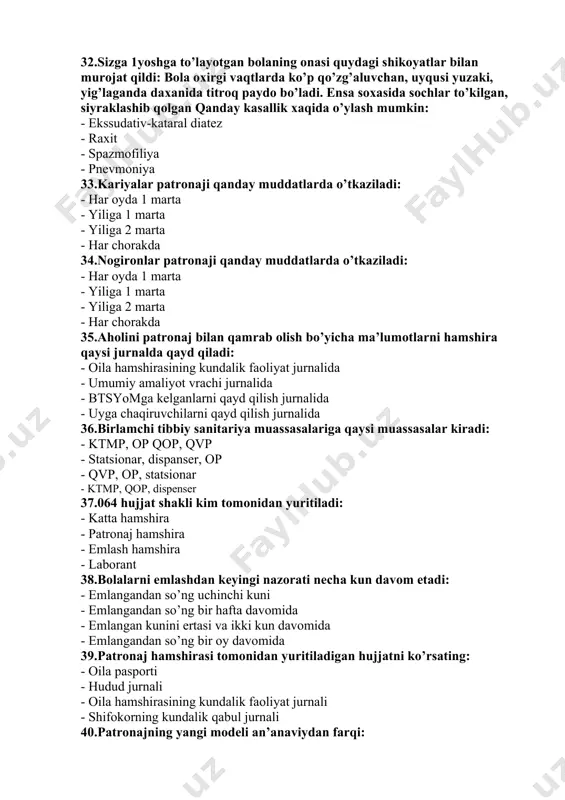 kin: - ekssudativ-kataral diatez - raxit - spazmofiliya - pnevmoniya 33.kariyalar patronaji qanday muddatlarda o’tkaziladi: - har oyda 1 marta - yiliga 1 marta - yiliga 2 marta - har chorakda 34.nogironlar patronaji qanday muddatlarda o’tkaziladi: - har oyda 1 marta - yiliga 1 marta - yiliga 2 marta - har chorakda 35.aholini patronaj bilan qamrab olish bo’yicha ma’lumotlarni hamshira qaysi jurnalda qayd qiladi: - oila hamshirasining kundalik faoliyat jurnalida - umumiy amaliyot vrachi jurnalida - btsyomga kelganlarni qayd qilish jurnalida - uyga chaqiruvchilarni qayd qilish jurnalida 36.birlamchi tibbiy sanitariya muassasalariga qaysi muassasalar kiradi: - ktmp, op qop, qvp - statsionar, dispanser, op - qvp, op, statsionar - ktmp, qop, dispenser 37.064 hujjat shakli kim tomonidan yuritiladi: - katta hamshira - patronaj hamshira - emlash hamshira - laborant 38.bolalarni emlashdan keyingi nazorati necha kun davom etadi: - emlangandan so’ng uchinchi kuni - emlangandan so’ng bir hafta davomida - emlangan kunini …