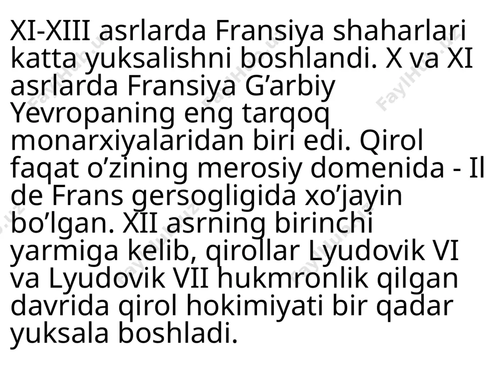 fransuz diplomatiyasining rivojlanishi va mukammallashuviga yordamlashgan. diplomatiya orqali foydali ittifoqlar va qudratli kaolitsiyalar paydo bo’lib, ular muhim rol o’ynay boshlaydi. filipp iv davrida «mustaqil» vassal knyazliklar soni juda oz qoldi. flandriya grafligidan tashqari faqat burgundiya, bretan, akvitaniya gersogliklari inglizlar qo’lida edi va burgundiya grafligi hali qo’shib olinmagan edi. flandriya urushi davrida xarajatlarning g’oyatda ko’payib ketganligi tufayli. xiv asr boshida filipp iv ning moliyaviy ishlari izdan chiqdi. qirol har qanday yo’l bilan daromadini ko’paytirmoqchi bo’ldi. filipp iv qudratli katolik cherkovi manfaatlariga jiddiy putur yetkazdi. eʼtiboringiz uchun rahmat image1.jpeg image2.jpeg image3.jpeg image4.jpeg image5.jpeg image6.jpeg