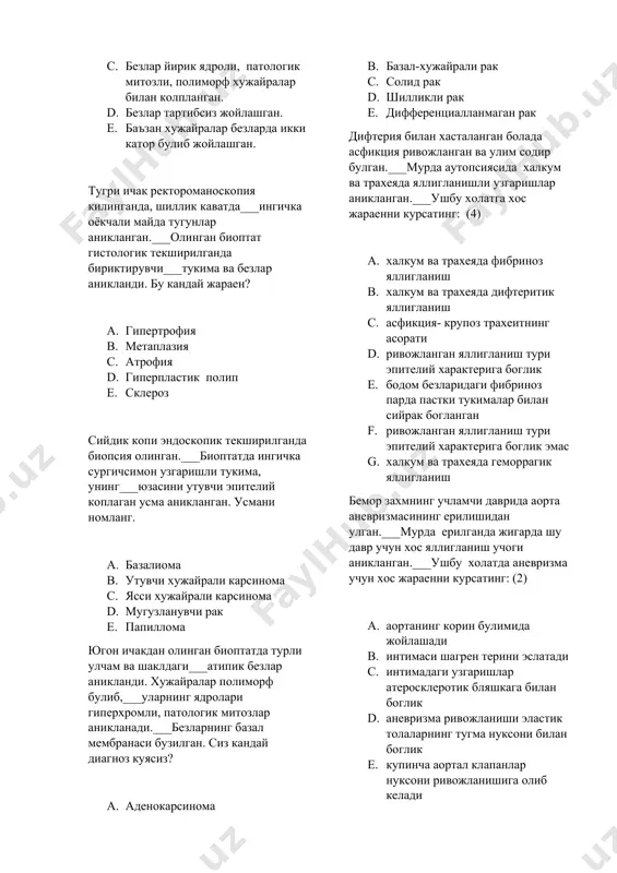 инган биоптатда турли улчам ва шаклдаги___атипик безлар аникланди. хужайралар полиморф булиб,___уларнинг ядролари гиперхромли, патологик митозлар аникланади.___безларнинг базал мембранаси бузилган. сиз кандай диагноз куясиз? a. аденокарсинома b. базал-хужайрали рак c. солид рак d. шилликли рак e. дифференциалланмаган рак дифтерия билан хасталанган болада асфикция ривожланган ва улим содир булган.___мурда аутопсиясида халкум ва трахеяда яллигланишли узгаришлар аникланган.___ушбу холатга хос жараенни курсатинг: (4) a. халкум ва трахеяда фибриноз яллигланиш b. халкум ва трахеяда дифтеритик яллигланиш c. асфикция- крупоз трахеитнинг асорати d. ривожланган яллигланиш тури эпителий характерига боглик e. бодом безларидаги фибриноз парда пастки тукималар билан сийрак богланган f. ривожланган яллигланиш тури эпителий характерига боглик эмас g. халкум ва трахеяда геморрагик яллигланиш бемор захмнинг учламчи даврида аорта аневризмасининг ерилишидан улган.___мурда ерилганда жигарда шу давр учун хос яллигланиш учоги аникланган.___ушбу холатда аневризма учун хос жараенни курсатинг: (2) a. аортанинг корин булимида жойлашади b. интимаси шагрен терини эслатади c. интимадаги узгаришлар атеросклеротик бляшкага билан боглик d. аневризма …