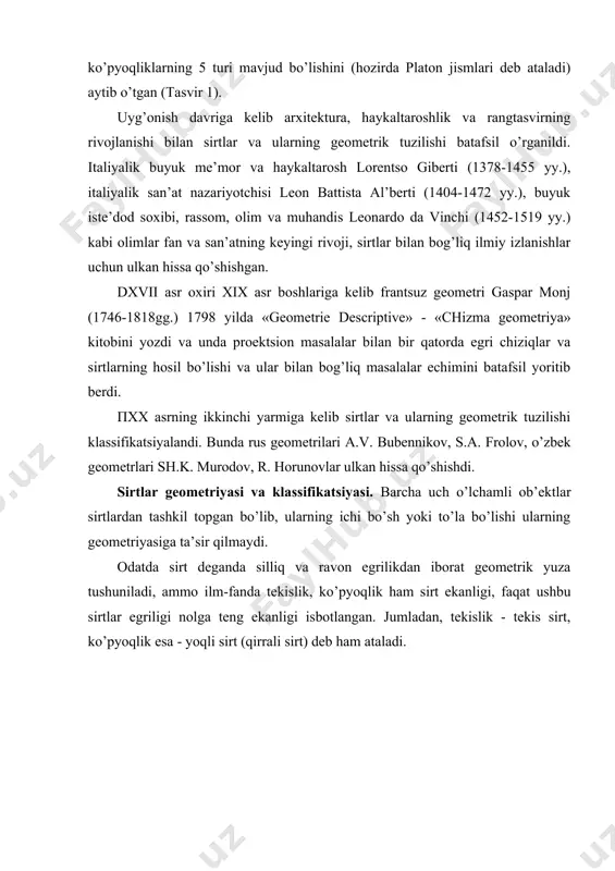 hosil qilishda yasovchi va yo’naltiruvchilarning tuzilishi va soniga qarab oddiy va murakkab, yasovchi va yo’naltiruvchilarning qonuniy (matematik ifodaga ega bo’lgan) va qonunsiz (matematik ifodalanmaydigan) tuzilishiga qarab qonuniy va qonunsiz sirtlar hosil qilinadi. chiziqli sirtlar. yasovchisi to’g’ri chiziqdan iborat sirtlar chiziqli sirtlar deyiladi. yasovchisi to’g’ri chiziq va bitta yo’naltiruvchiga ega sirtlar. dagar yasovchi to’g’ri chiziq bo’lib, yo’naltiruvchi to’g’ri chiziq bo’ylab doimo o’ziga parallel’ vaziyatda harakatlansa tekis sirt - tekislik hosil bo’ladi (tasvir 2). a) b) tasvir 2. tekislikning hosil bo’lishi tasvir 2-a da 1–to’g’ri chiziq vektor bo’lib, u yo’naltiruvchi hisoblanadi. yo’naltiruvchi 2-to’g’ri chiziq yasovchi uchun harakat yo’nalishini belgilab beradi va yasovchi (to’g’ri chiziq) yo’naltiruvchi (vektor) bo’ylab harakatlantiriladi. bu erda yasovchi va yo’naltiruvchi o’rinlari almashtirilishi mumkin (tasvir 2-b) va har ikkala holatda ham tekis sirt hosil bo’laveradi. bundan xulosa shuki, sirtlarni hosil qilishda yasovchi va yo’naltiruvchilar ixtiyoriy ketma-ketlikda bo’lishi mumkin. agar to’g’ri chiziqli yasovchi doimo o’ziga parallel’ vaziyatda egri chiziqli (tekis yoki …